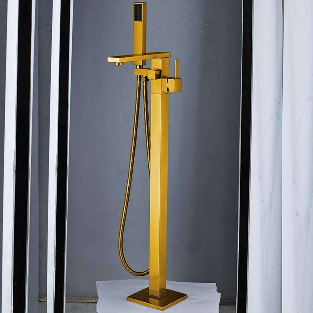 Gold Single Handle Bathtub Faucet Mixer with Hand Shower - Floor Stand Bathroom Tub Faucet for Modern Bathrooms, Spa-Like Shower Experience