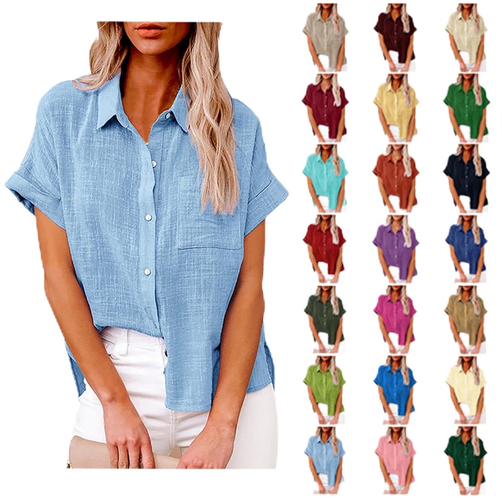 Women's Cotton Linen Blouse - Casual Short Sleeve Button Down Shirt with Pocket | Loose Fit Work Top & Dressy Solid Shirt for Office, Summer & Everyday Wear 2024