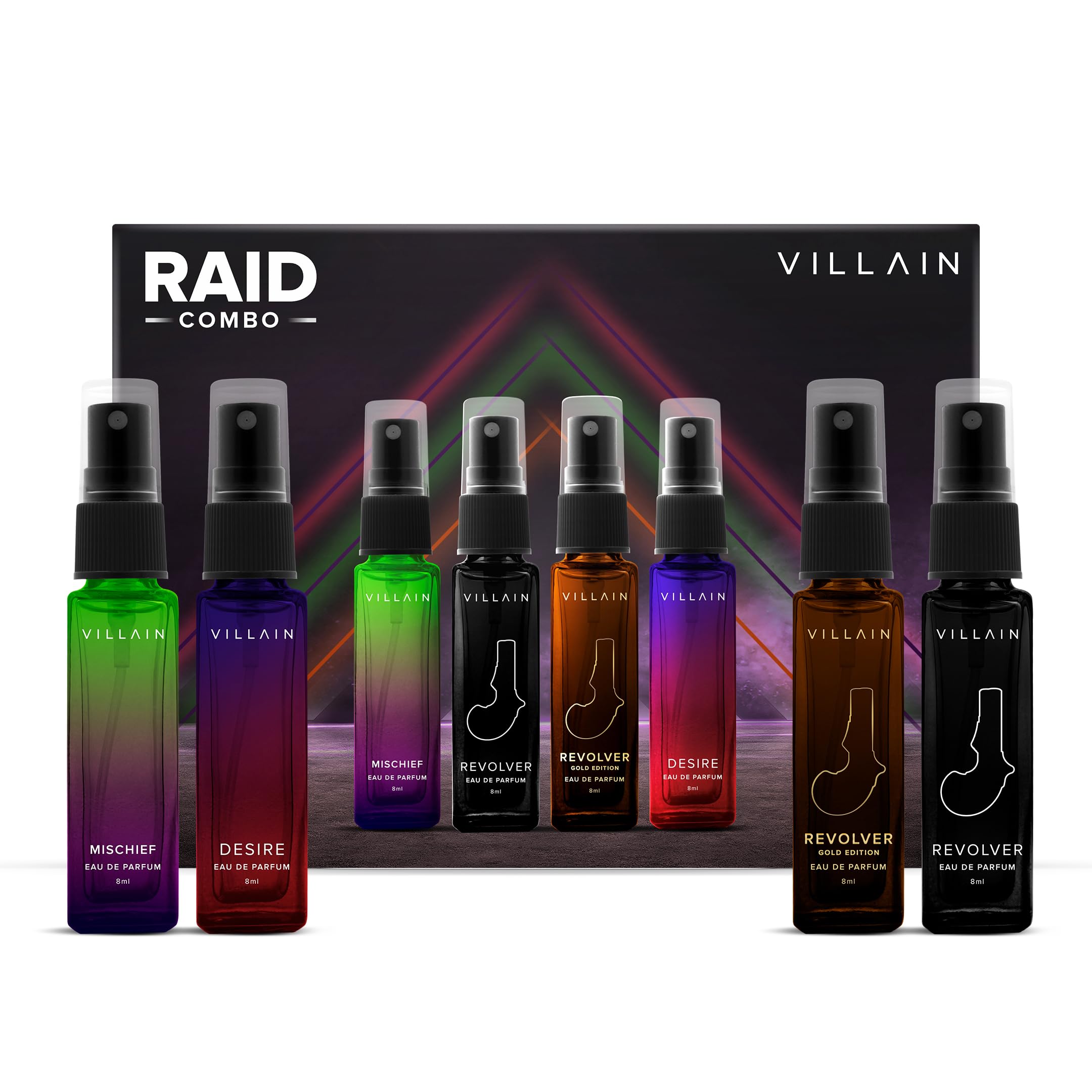 Premium Men's Perfume Gift Set - Villain Raid Luxury 4x8ml EDP Fragrance Combo (Woody & Spicy) | Long Lasting Cologne for Day to Night Wear | Perfect Birthday, Anniversary & Valentine's Day Present for Him