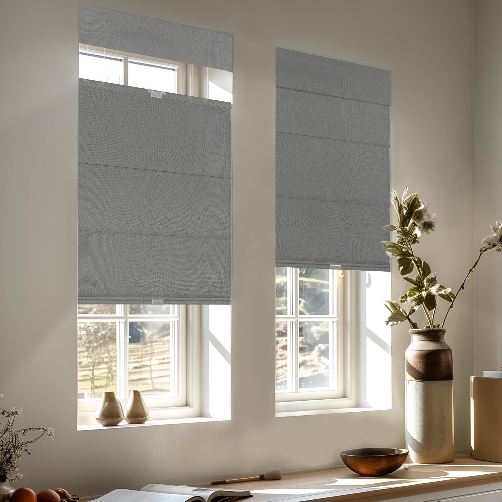 Top Down Bottom Up Roman Shades for Windows - Blackout Cordless Roman Blinds | Easy to Install Thermal Insulated Window Treatment for Kitchen & Living Room | Light Gray 22.5