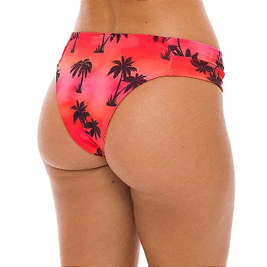 Red Tie Dye Coconut Trees Brazilian Wide Side Bikini Bottom - Tropical Beachwear for Women, Swimwear for Summer Vacation & Pool Party
