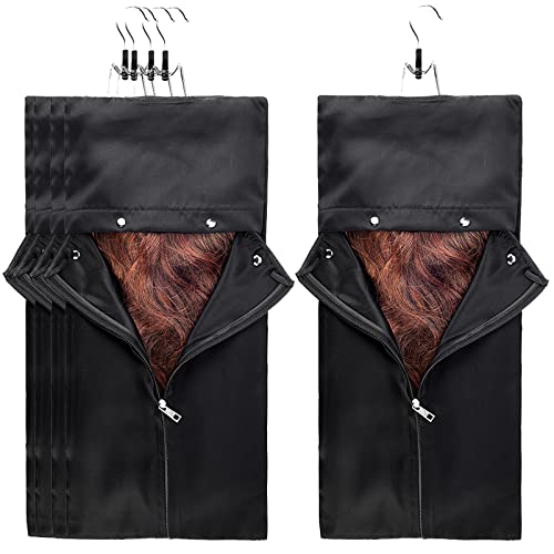 5 Pack Satin Hair Extension Storage Bags - Dust Proof Folding Wig Organizer with Wooden Hangers for Home & Salon Use - Perfect for Travel, Styling, and Wig Protection (Black)