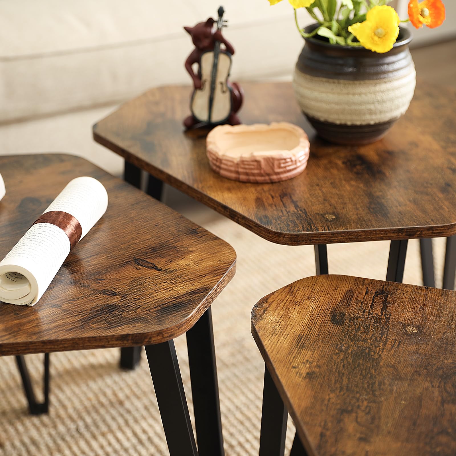 VASAGLE 3-Piece Nesting Coffee Table Set, Industrial Style Stacking End Tables for Living Room - Sturdy Steel Frame, Easy Assembly, Rustic Brown & Black LNT14BX | Perfect for Small Spaces, Modern Home Decor & Coffee Table Organization