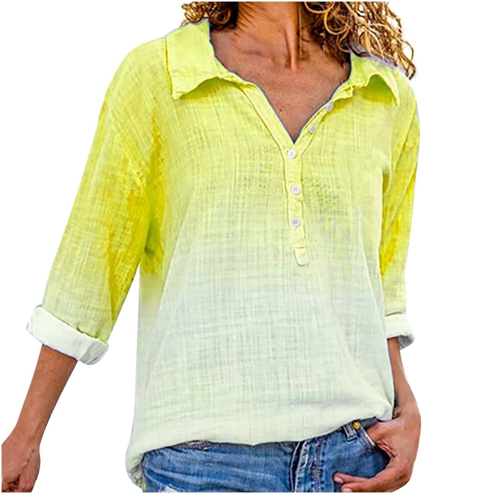 Trendy Summer Ombre Color Long Sleeve Button-Up Blouse for Women - Casual Loose Fit Collared Tops for Office, Date Night & Outdoor Activities