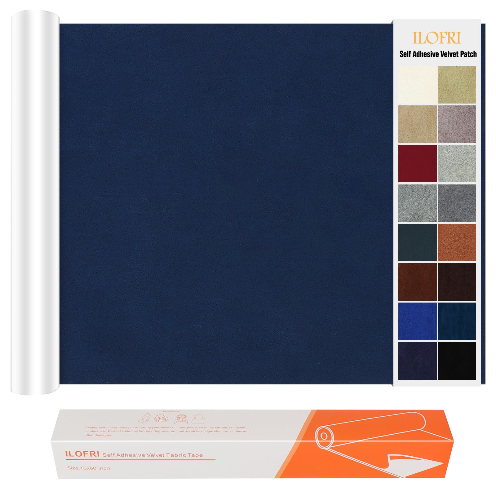 ILOFRI Self-Adhesive Velvet Fabric Patch Tape 16x60 Inch - Durable Flannel Upholstery Repair Kit for Sofa, Car Seats, Office Chairs, Carpets & DIY Crafts (Navy Blue) - Perfect for Furniture Restoration, Home Decor & Fabric Repair Projects