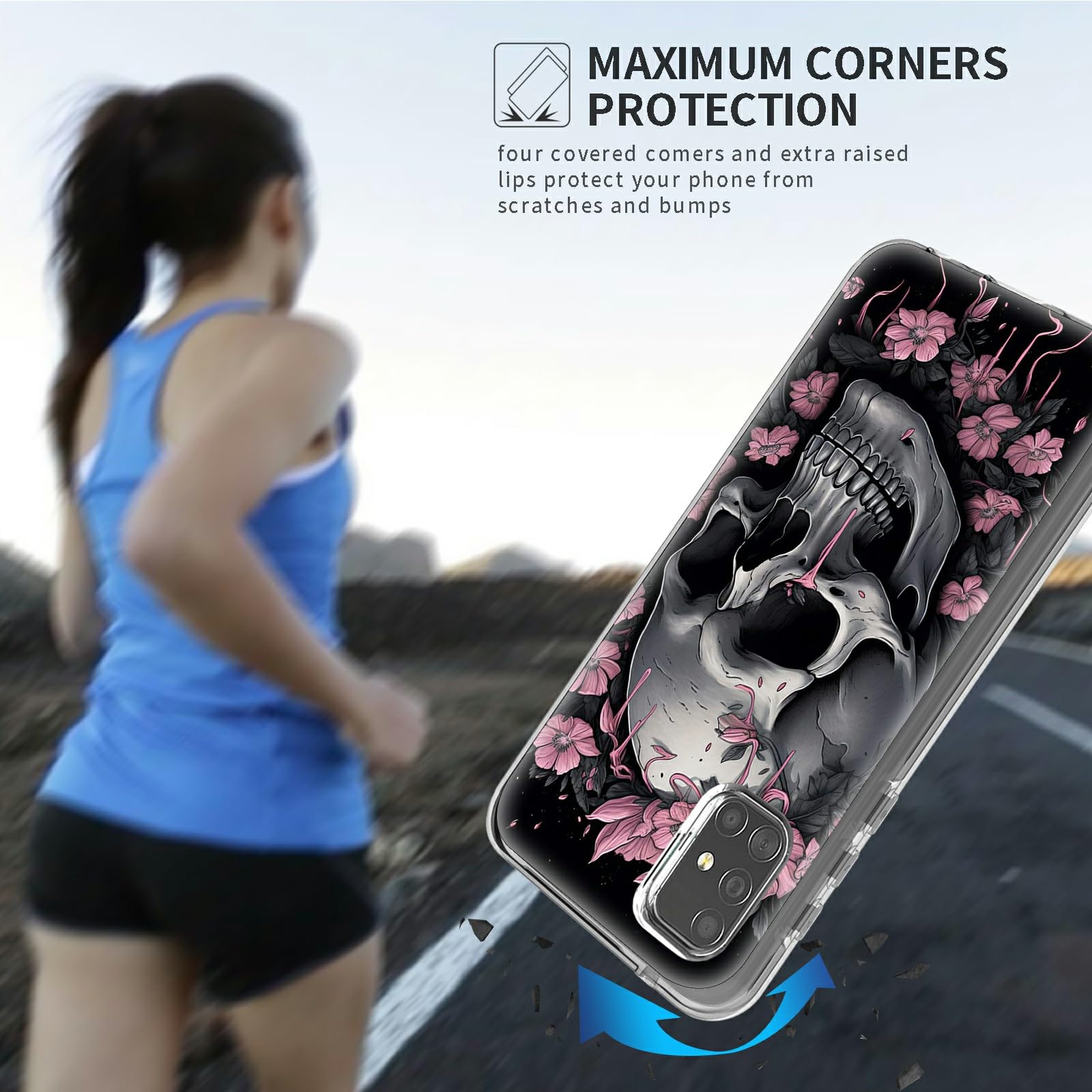 Shockproof Hybrid Case for Samsung Galaxy A51 4G/5G (6.5 Inch) - Clear Hard PC Cover with Soft Silicone Protection, Skull Flowers Design | Perfect for Outdoor Activities, Work & Daily Use