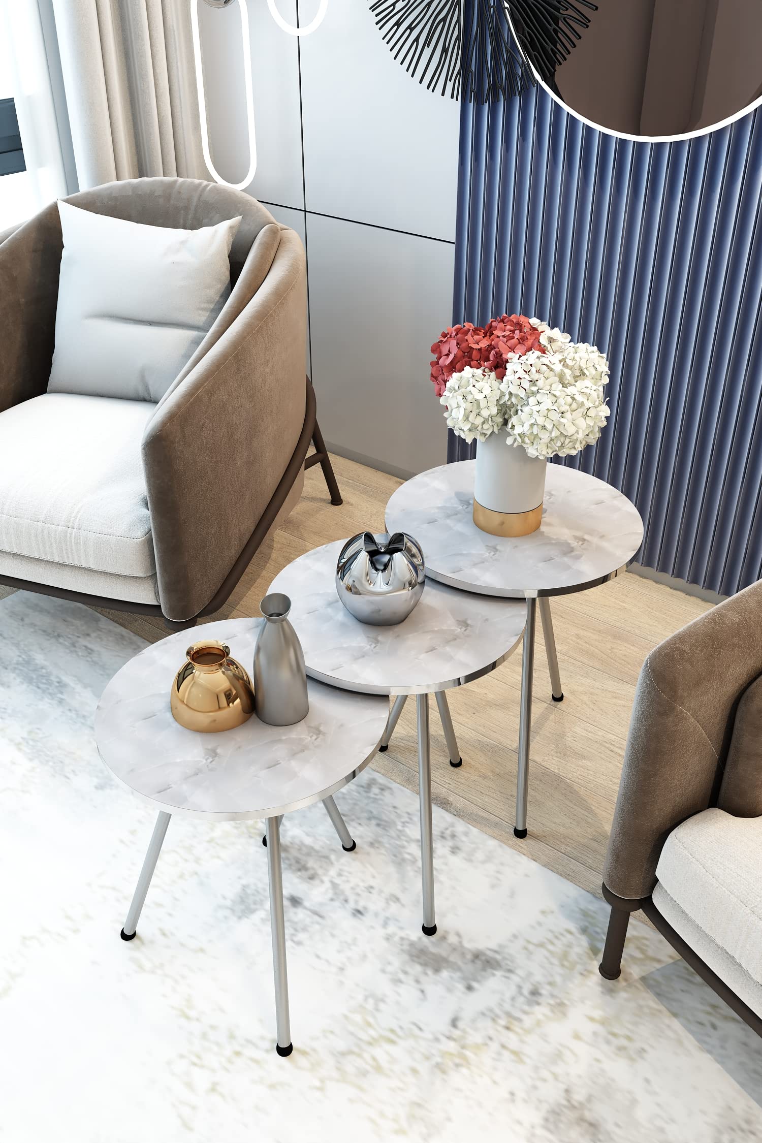3-Piece Round Nesting End Tables Set - Stackable Coffee & Side Tables for Small Spaces, No-Tools Assembly Nightstand for Bedroom & Living Room (White Marble/Silver) - Perfect for Apartments, Dorms & Cozy Home Decor