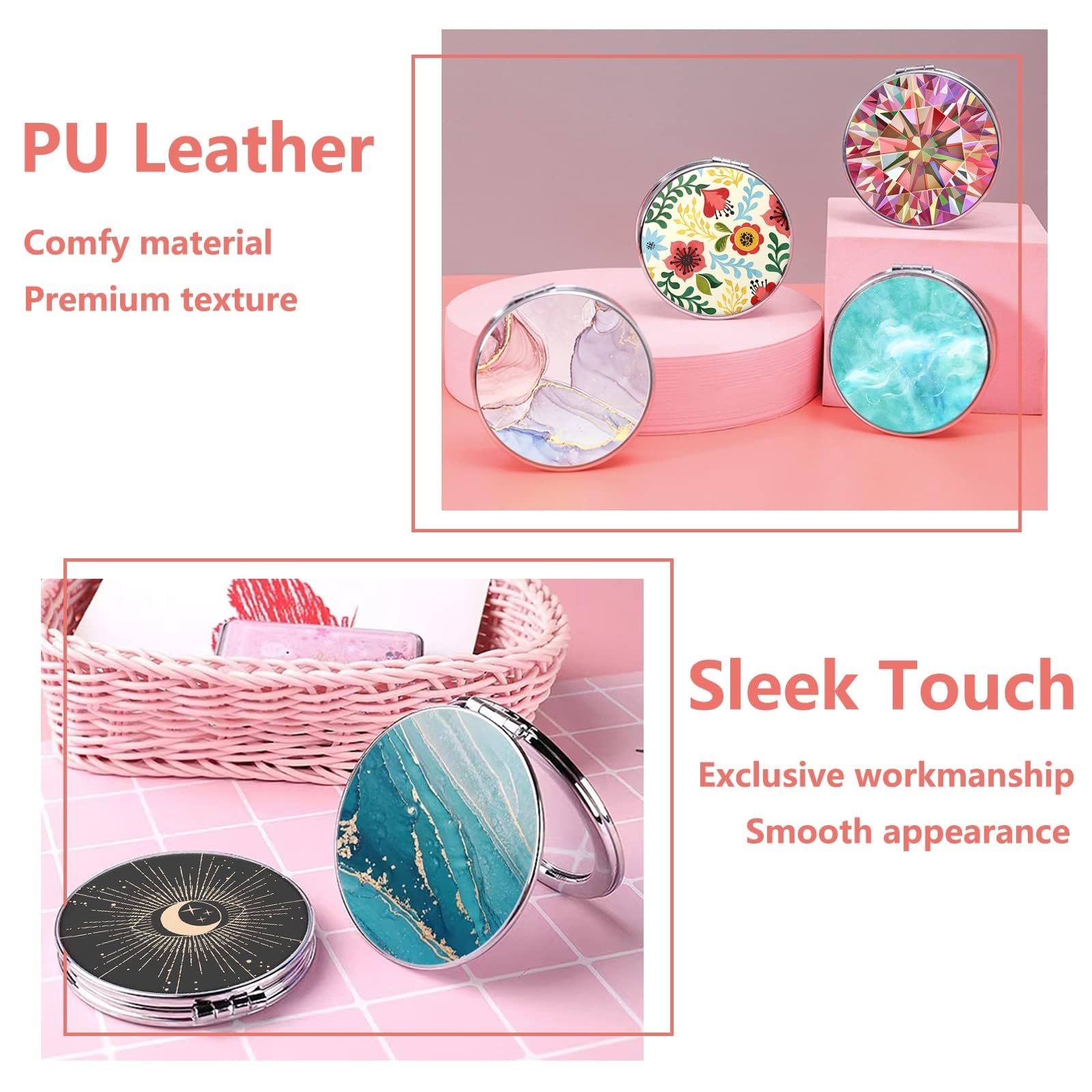 FEELHIGH Compact Pocket Mirror - Small Travel Makeup Mirror with Double-Sided Design for Purse, Handbag & On-the-Go Touch Ups | Portable Folding Mirror for Women, Girls & Travel Essentials