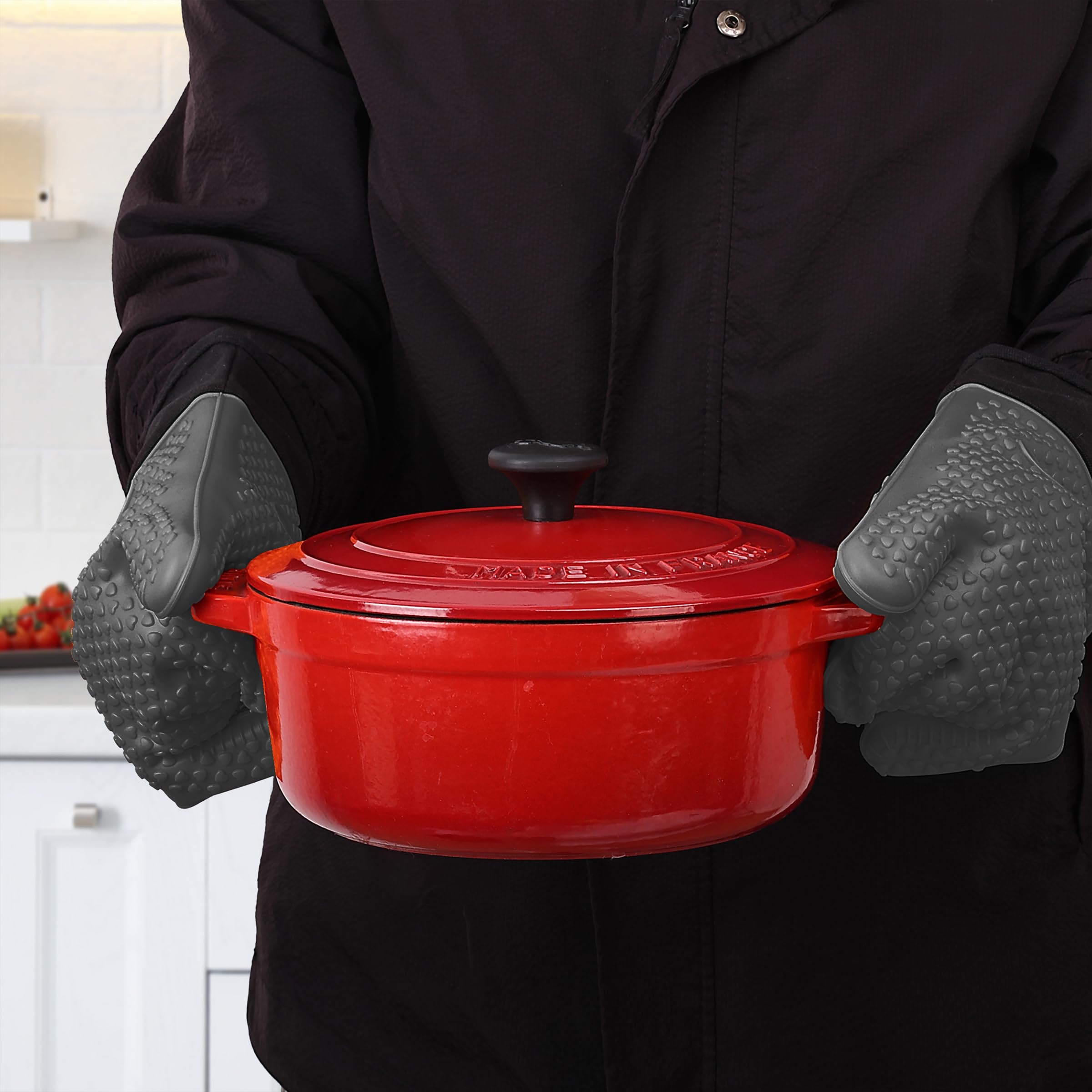 Heat Resistant BBQ Grill Gloves - Grey Silicone Oven Mitts for Grilling, Cooking & Baking - Perfect for Outdoor BBQ, Camping & Kitchen Use