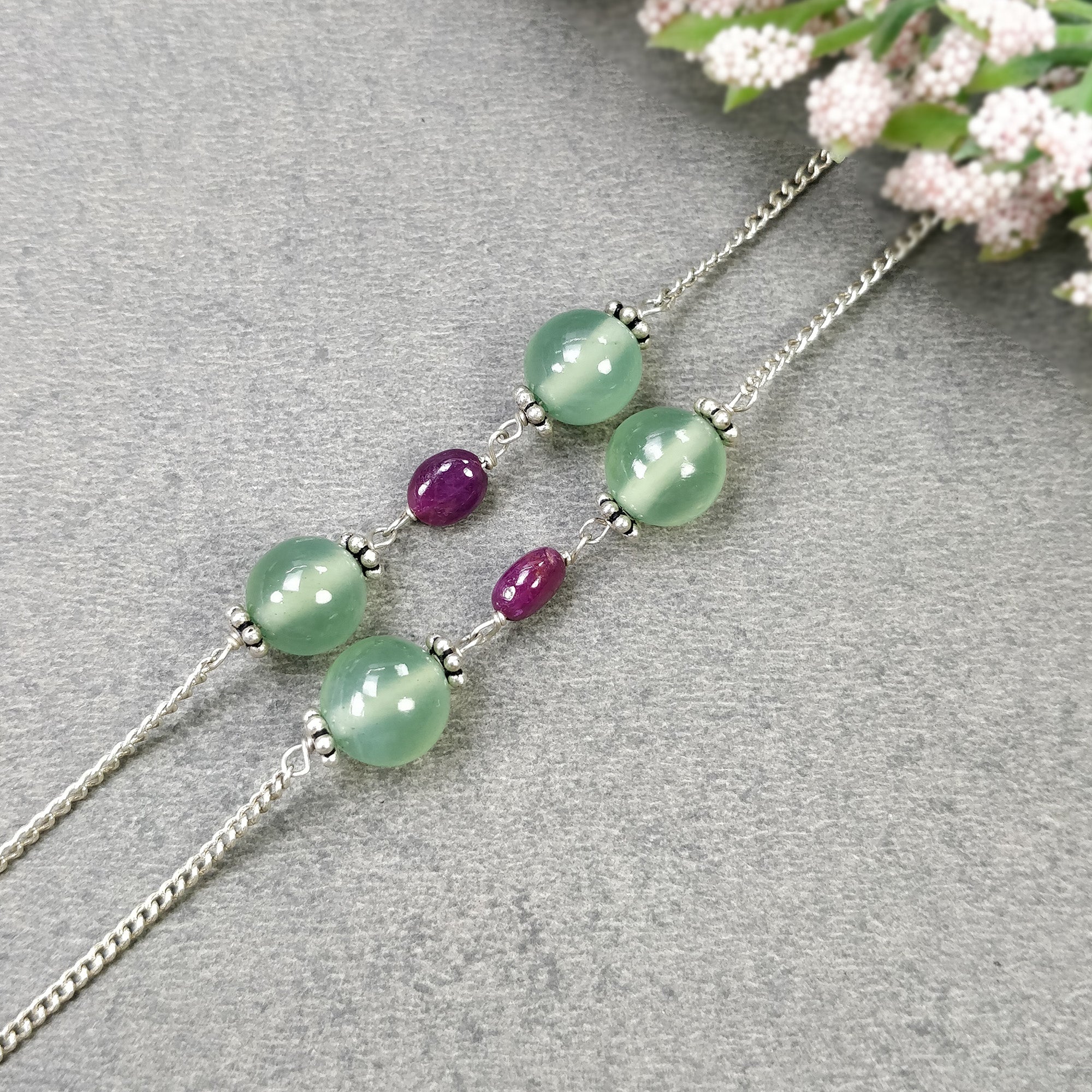 Natural Green Serpentine & Red Ruby Gemstone Beaded Necklace - 925 Sterling Silver Round Oval Cabochon Statement Jewelry for Women | Perfect for Weddings, Parties & Special Occasions
