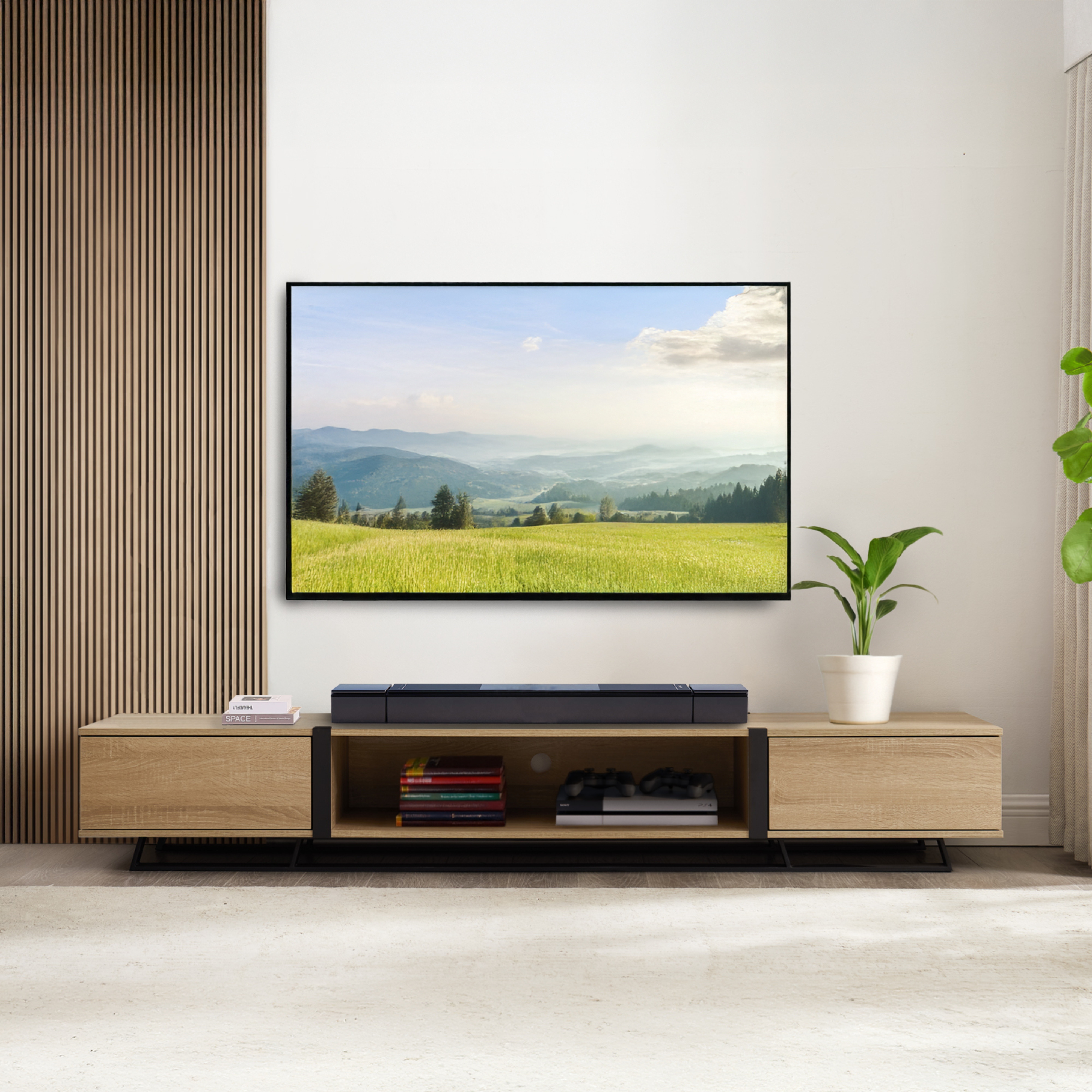 Modern Capri TV Stand 2000mm Low Profile Entertainment Center - Solid Oak & Black Finish for Living Room, Home Theater, and Media Storage | Criterion Brand