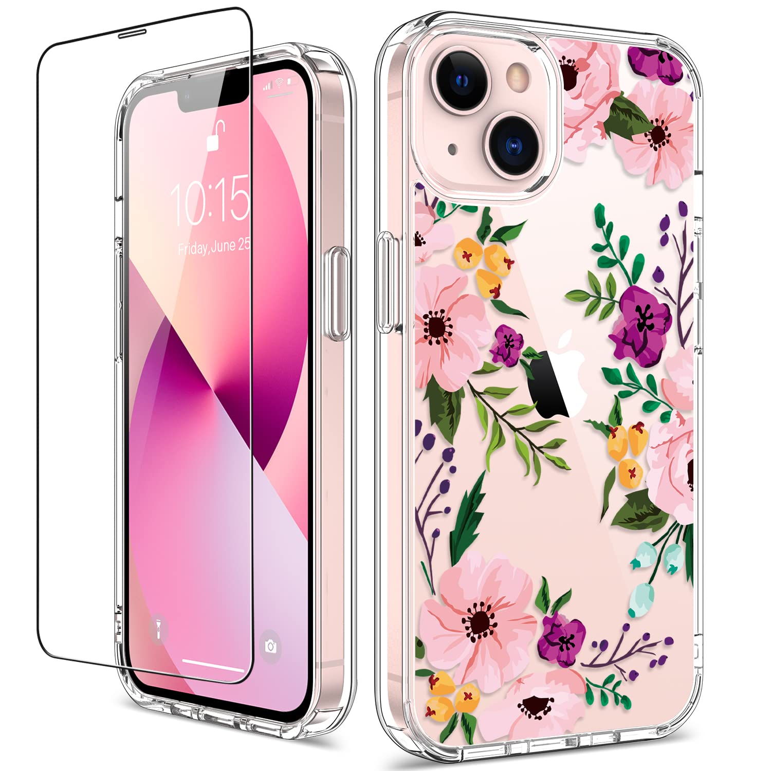 GiiKa Clear Shockproof iPhone 13 Mini Case with Screen Protector - 5.4 Inch Full Body Protection, Floral Design TPU Bumper Hard Cover for Women & Girls - Perfect for Everyday Use, Work, and Travel