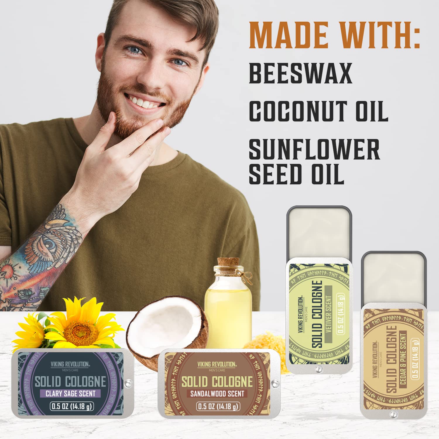 Viking Revolution 4 Pack Men's Solid Cologne Set - 0.5 Oz Cedar Wood, Clary Sage, Vetiver & Sandalwood Scented Perfume Balm | Travel-Friendly Cologne Wax for Everyday Use, Gifts & On-The-Go Freshness