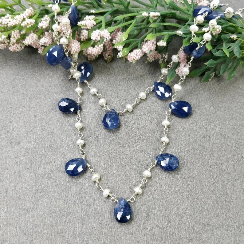 Natural Blue Sapphire Beaded Necklace - 925 Sterling Silver Rose Cut Untreated Sapphire Gemstone Jewelry for Women | Elegant Gift for Birthday, Anniversary & Special Occasions