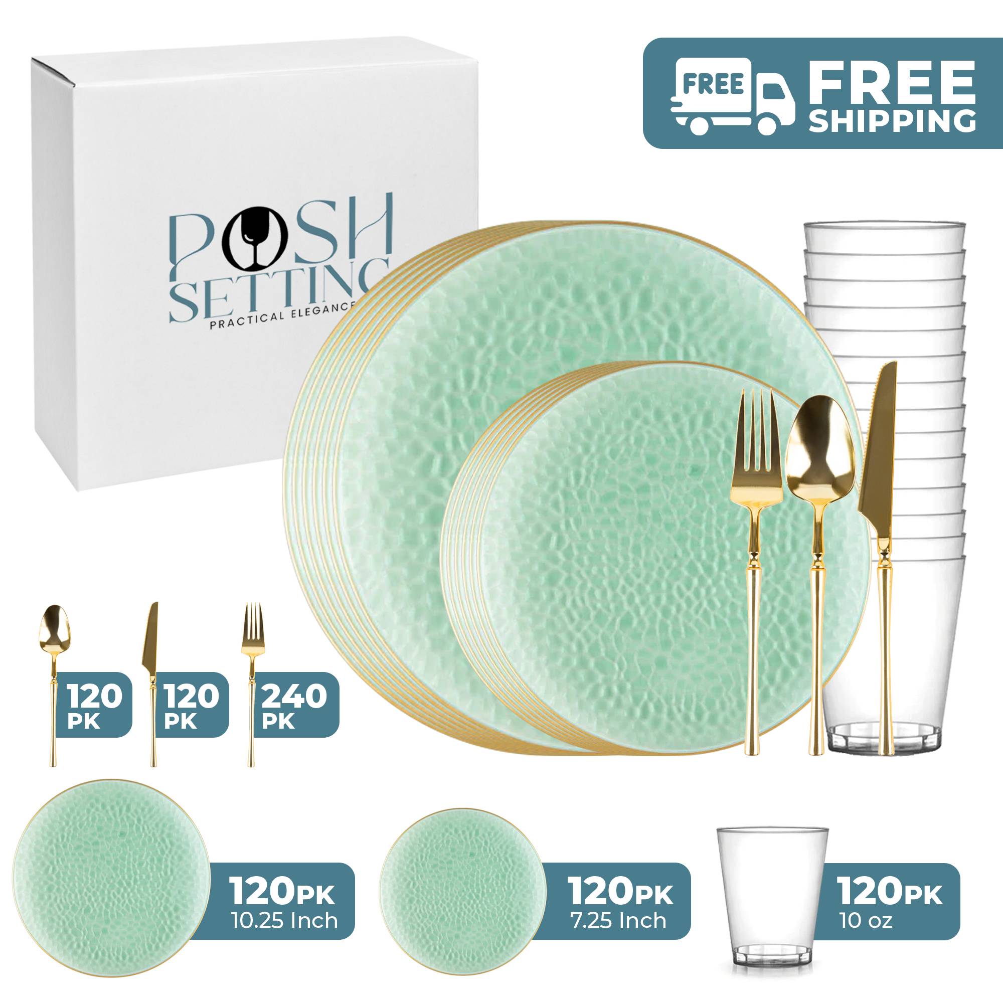 Eco-Friendly Green & Gold Plastic Party Bundle - Organic Hammered Disposable Tableware Set for Birthday, Wedding & Holiday Celebrations