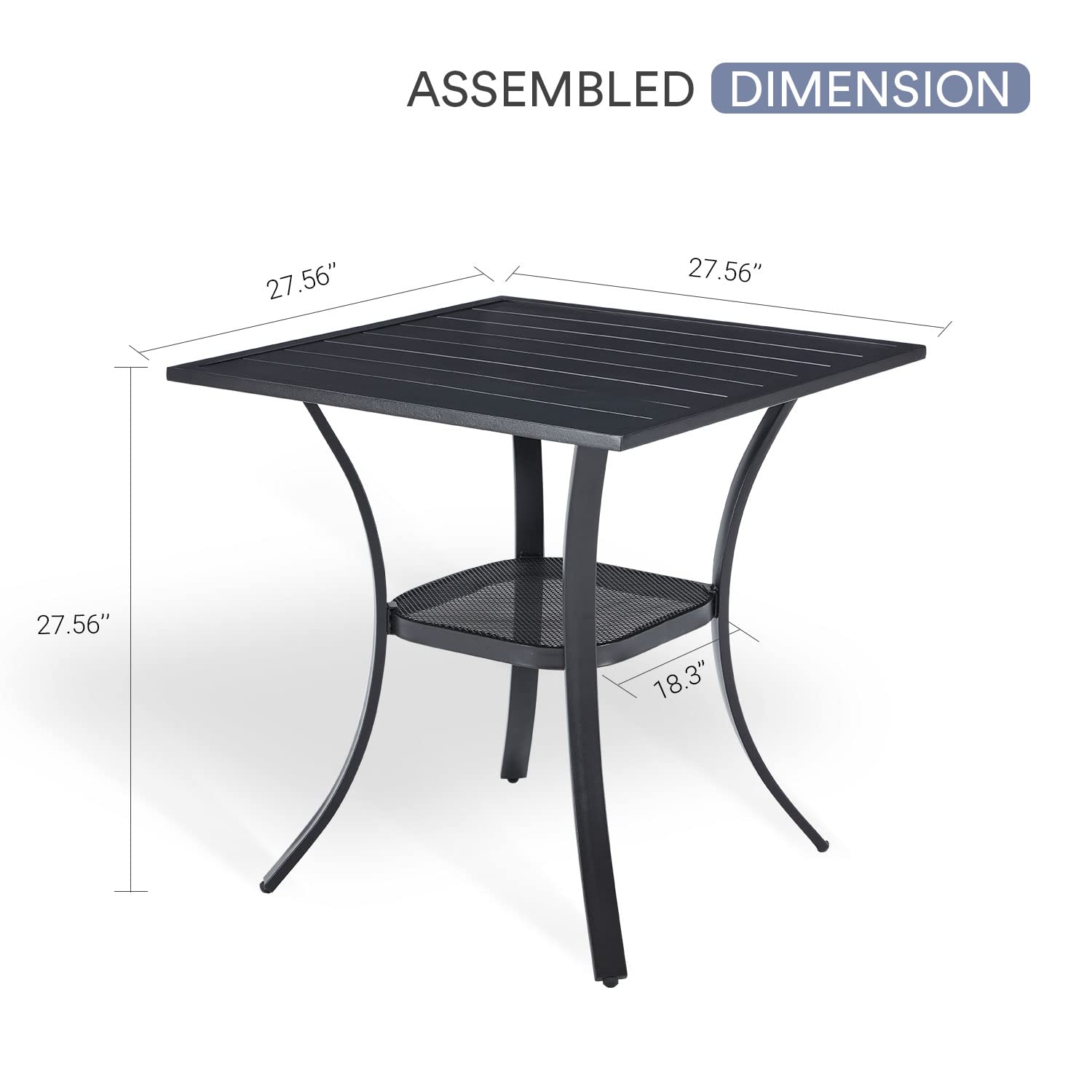 VICLLAX 28x28 Inch Small Patio Dining Table - Black Metal Slatted Tabletop with Storage Shelf for Outdoor Deck, Lawn, Garden & Backyard - Perfect for BBQs, Picnics & Outdoor Entertaining