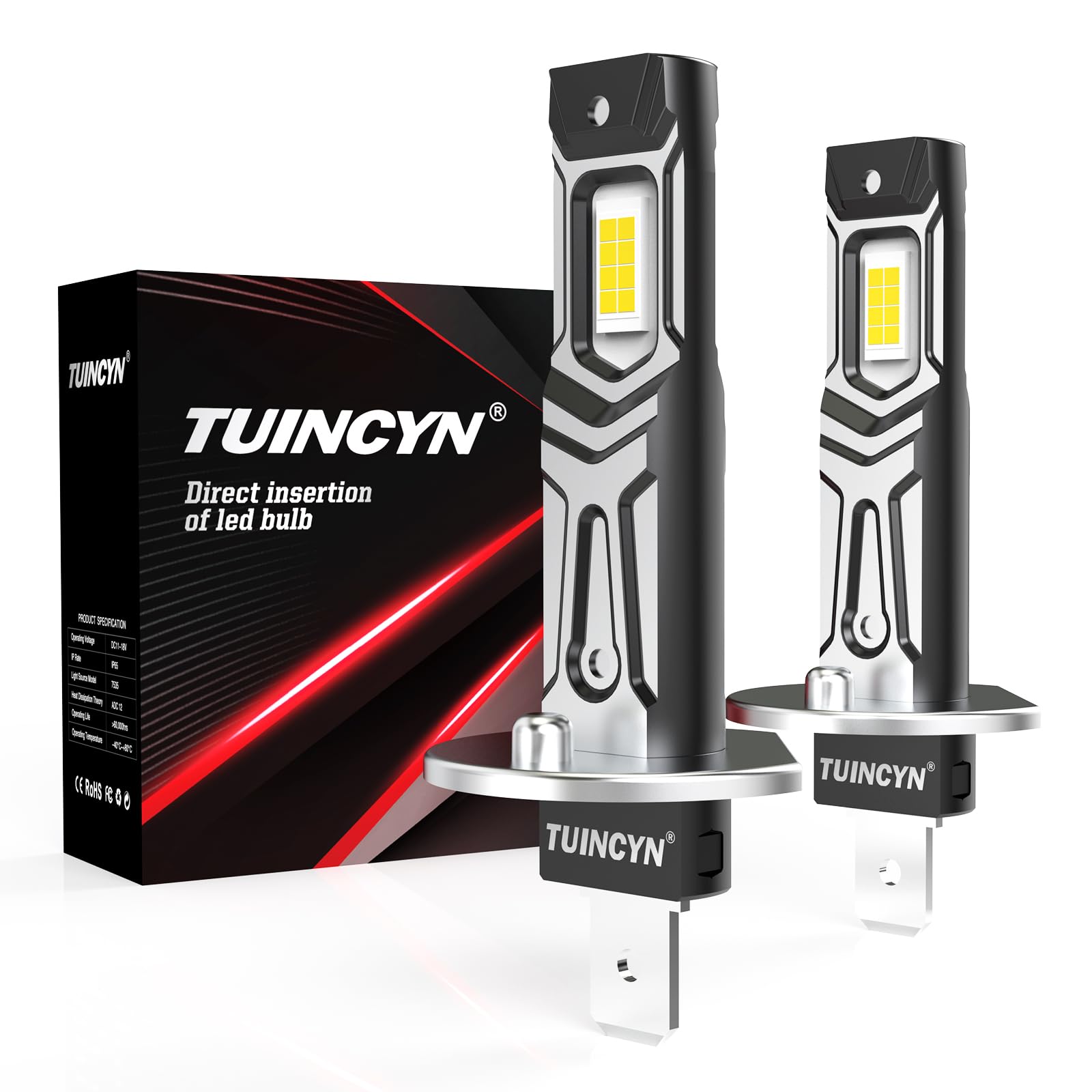 2024 Upgraded TUINCYN H1 LED Bulb - Super Bright 16000LM 12V 6000K White Mini Fanless H1LL Fog Light - Plug & Play No Adapter Needed Non-Polarity (2-Pack) - Perfect for Car Headlights, Fog Lights & Off-Road Vehicles