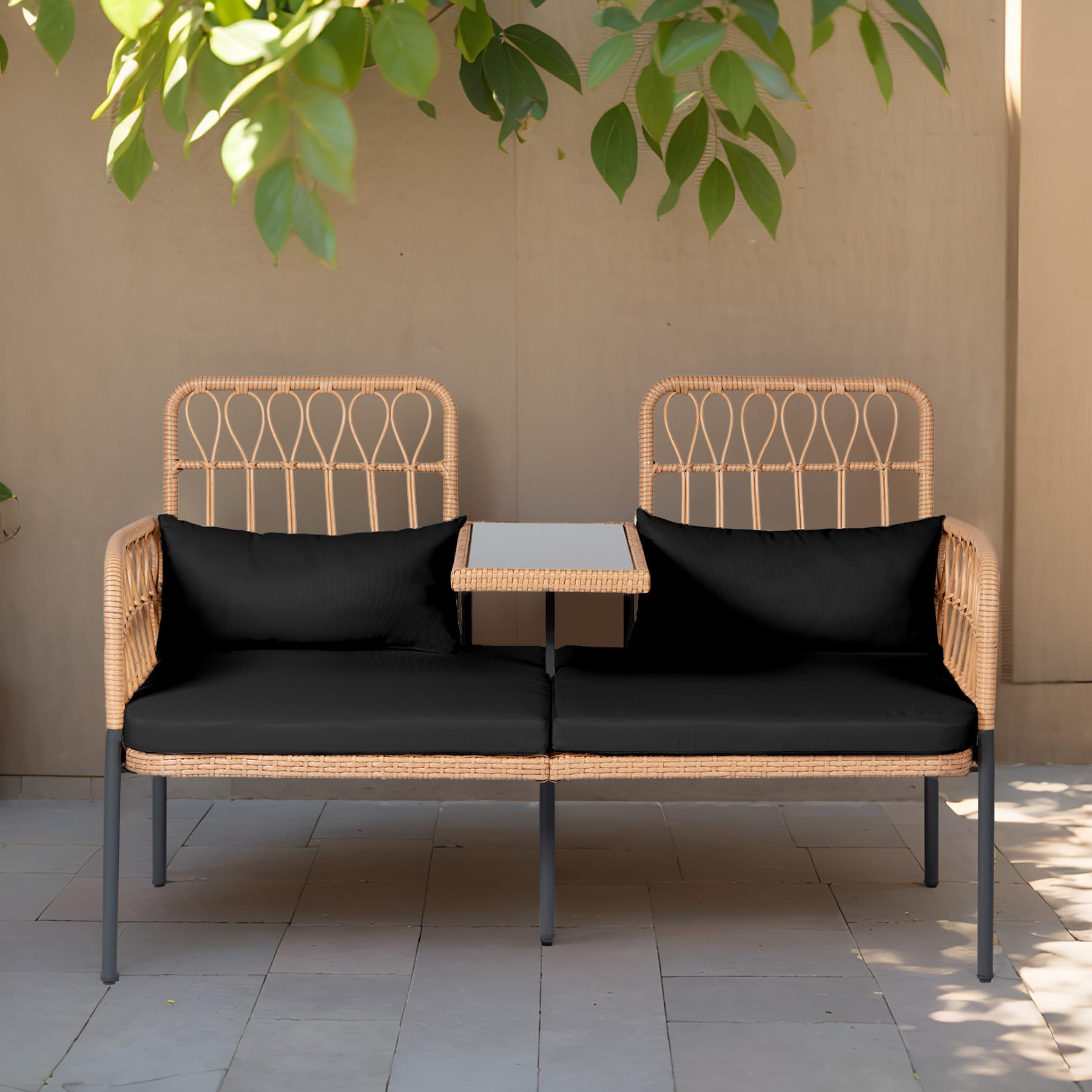 PROHIKER Outdoor Rattan Loveseat 2-Seater with Built-in Table & Cushions - All-Weather Wicker Patio Furniture Set with Lumbar Pillows - Perfect for Balcony, Porch, Garden, Backyard & Poolside Relaxation