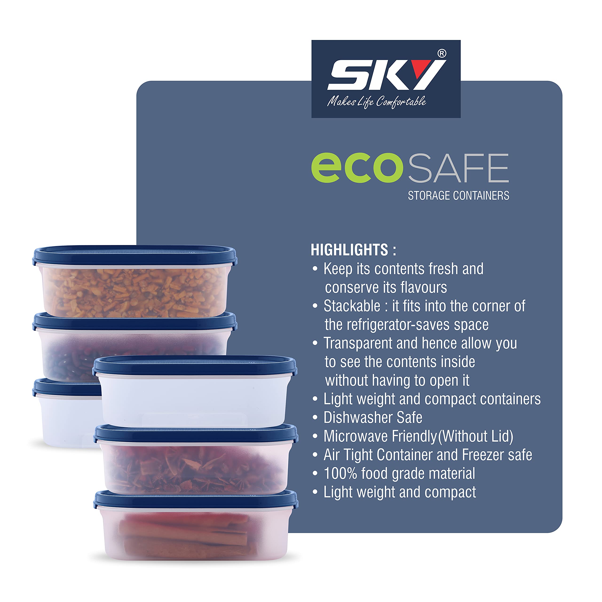 SKY Oval Airtight Food Storage Containers Set - 6-Piece Modular Kitchen Organizer (600ml x6) for Rice, Flour, Sugar, Cereals & Snacks - Stackable, Space-Saving Blue Containers - Perfect for Pantry, Countertop & Meal Prep Organization