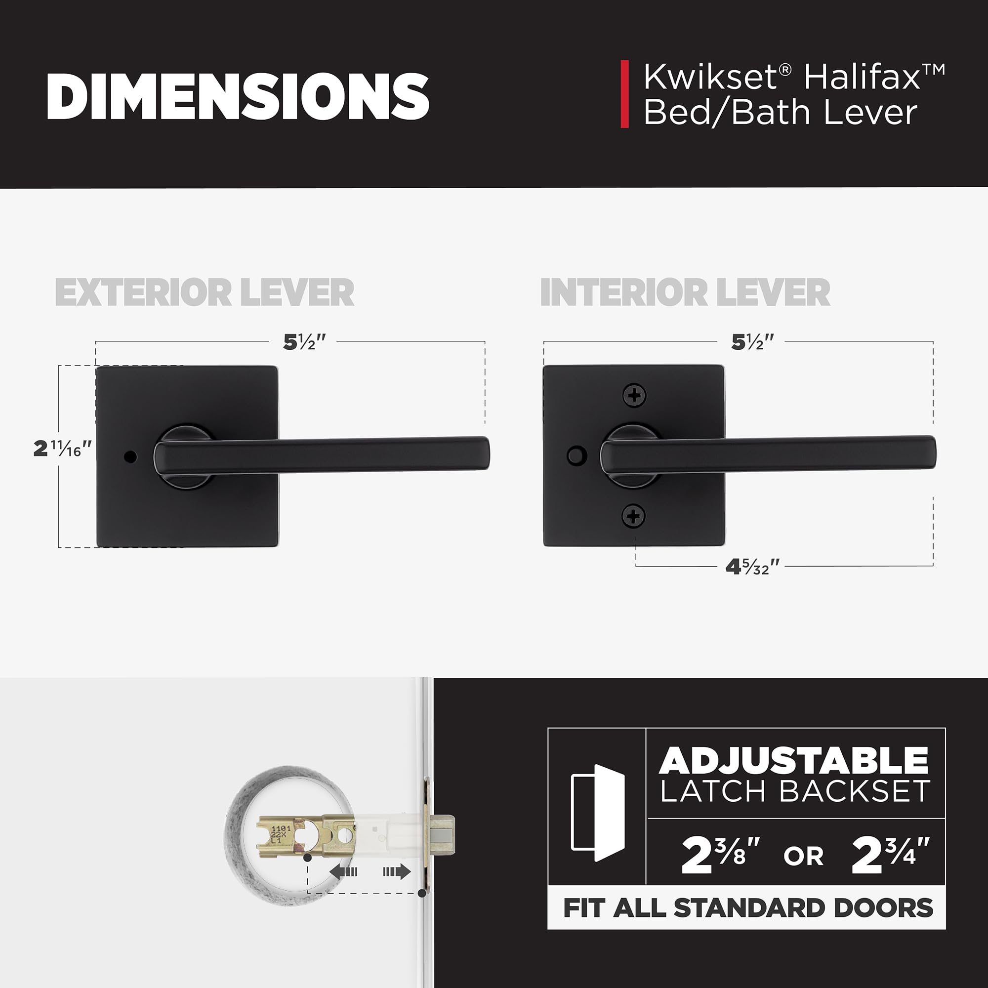 Kwikset Halifax Matte Black Interior Privacy Door Handle with Reversible Keyless Push Button Lock - Microban Protected Square Rose Lever for Bathroom, Bedroom & Closet Doors - Perfect for Home Security & Privacy Needs