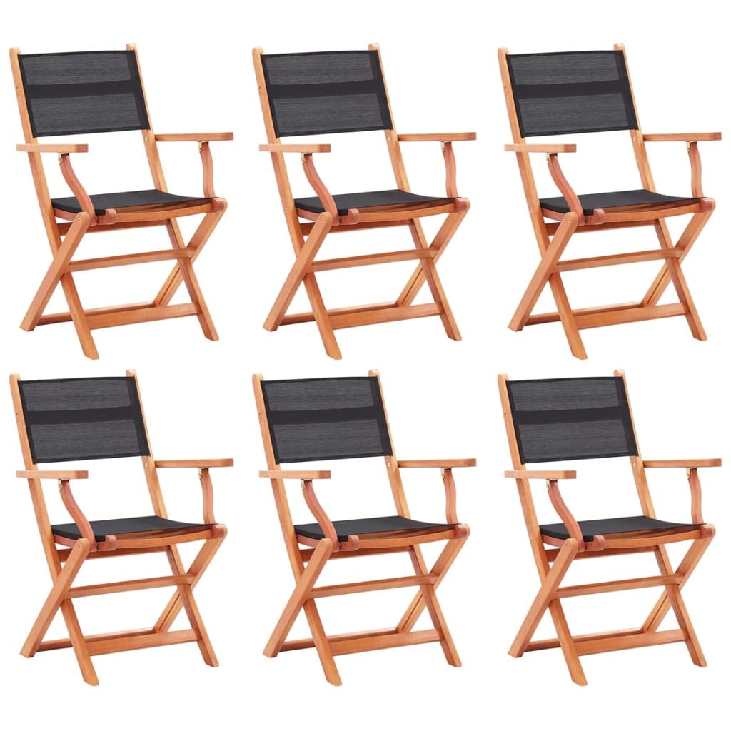 6-Piece Black Solid Eucalyptus Wood & Textilene Folding Patio Chairs Set - Outdoor Dining Chairs for Balcony, Garden, Poolside, Backyard | Durable & Weather-Resistant for BBQ, Picnics, and Outdoor Entertaining