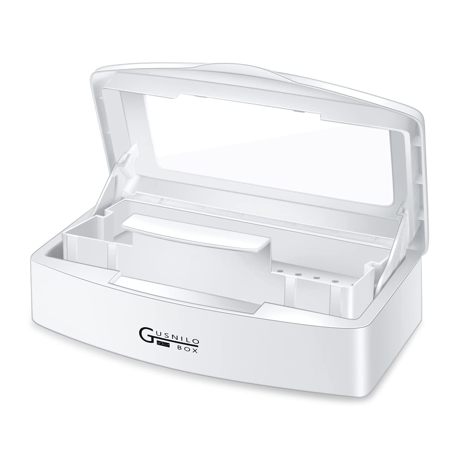 Gusnilo UV Sanitizing Tray for Nail Tools - Disinfectant Sterilizer Box with Clear Lid for Salon, Spa & Home Use - Plastic Sanitation Container for Nail Clippers, Scissors & Beauty Tools (White) - Perfect for Salon Hygiene & Personal Care Organization