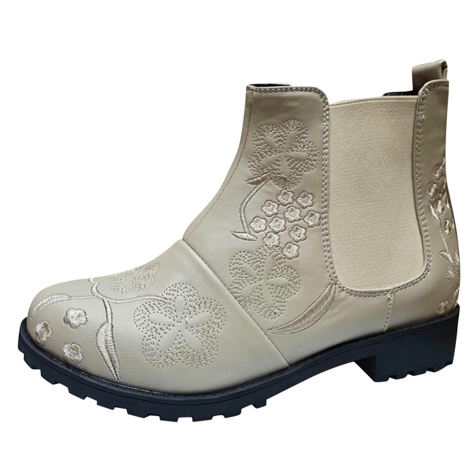 Stylish Women's Embroidered Floral Square Heel Slip-On Ankle Boots - Round Toe Leather Booties for Casual Wear & Fall Fashion