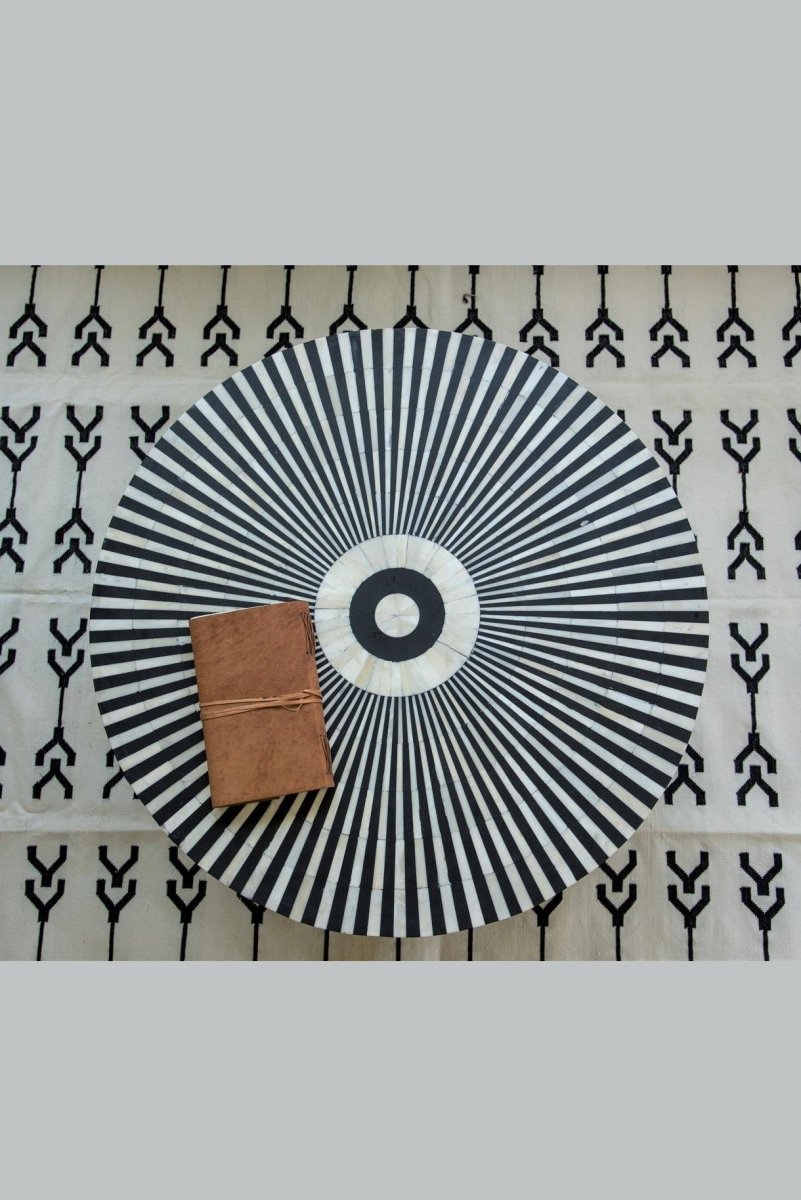 Handmade Bone Inlay Round Coffee Table - Black & White Striped Design - Boho Chic Home Decor - Perfect for Living Room, Lounge & Office Spaces