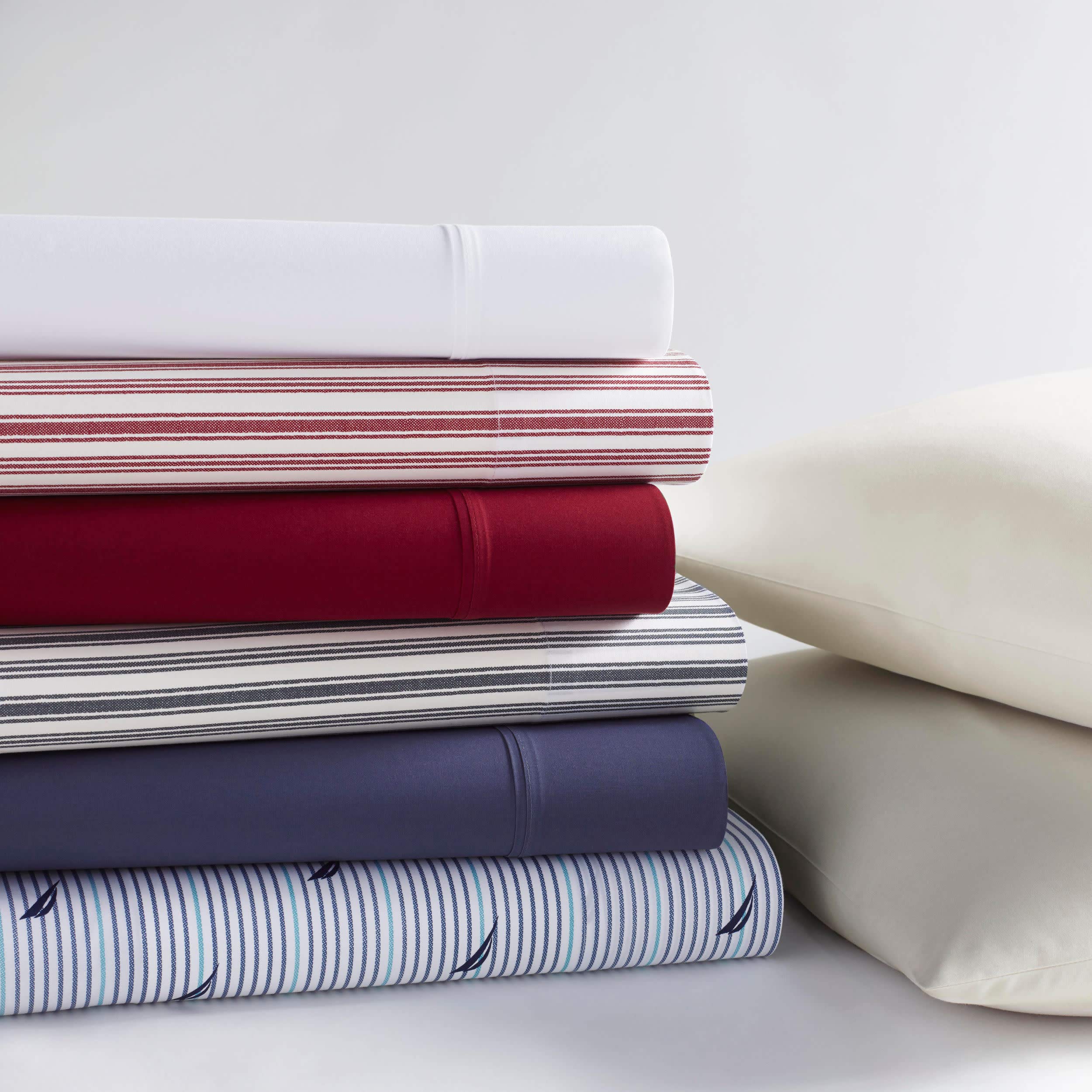 Nautica King Cotton Percale Sheets - Red Striped Bedding Set for Cozy Home Decor