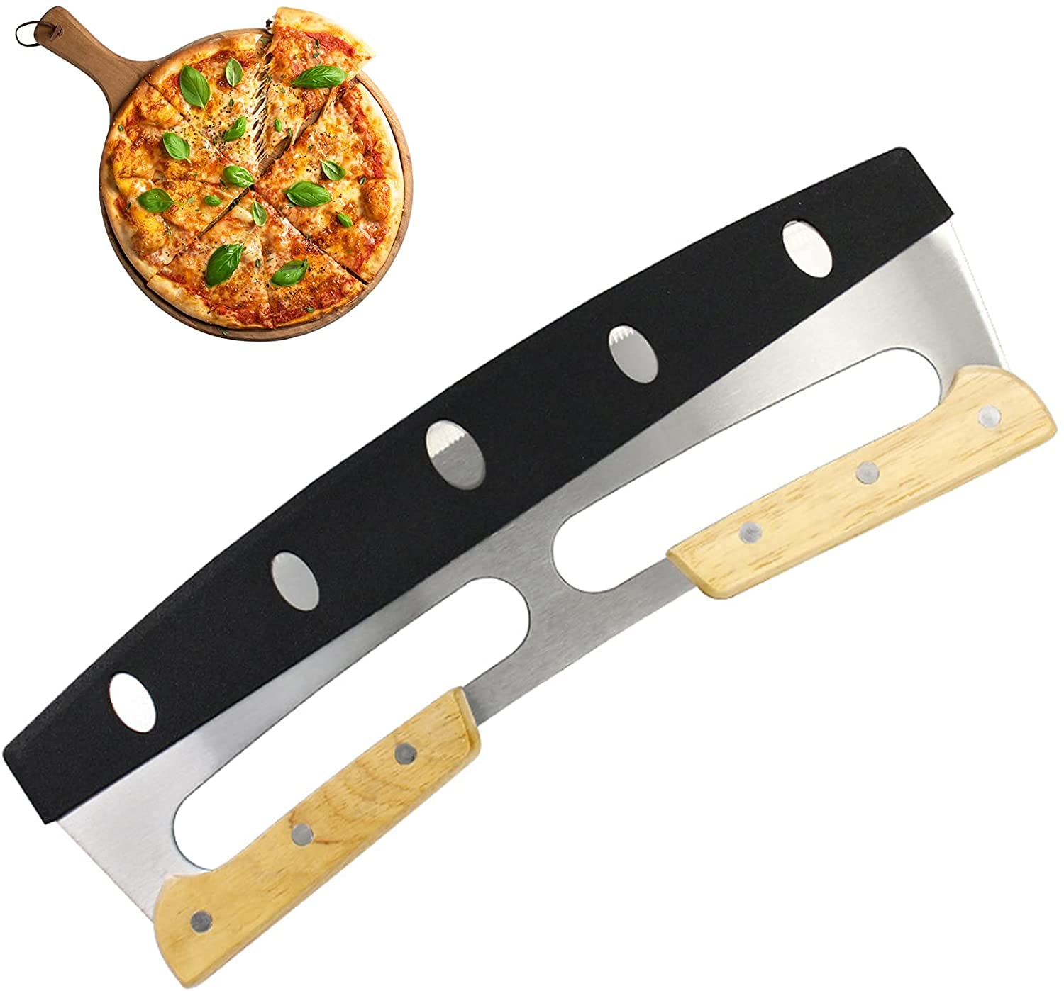 14 Inch Pizza Cutter with Wooden Handle - Professional Mezzaluna Chopper & Salad Knife - Rocker Style Pizza Knife for Perfect Slices - Ideal for Cutting Pizzas, Chopping Herbs, and Preparing Salads at Home or Restaurant