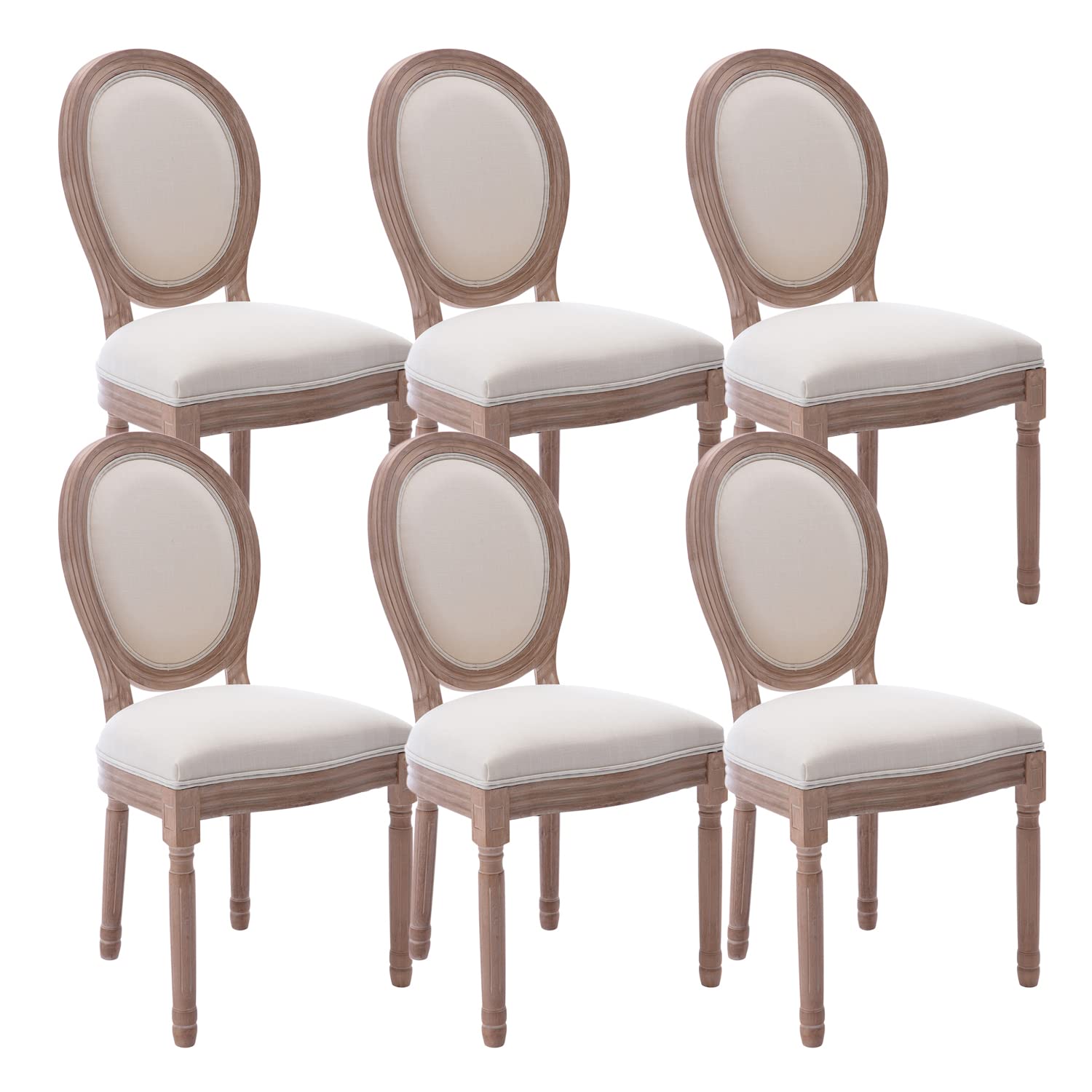 Kiztir French Country Dining Chairs Set of 6 - Farmhouse Style Upholstered Chairs with Round Backrest & Solid Wood Legs - Mid Century Modern Design for Dining Room, Kitchen, Bedroom or Restaurant Decor (Beige) - Perfect for Farmhouse, Cottage & Vintage Style Home Decor