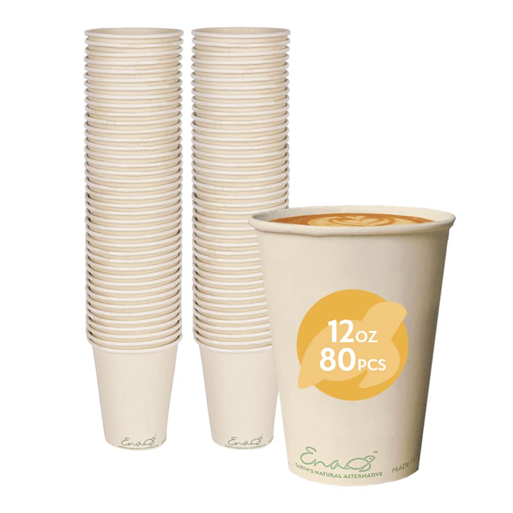 Eco-Friendly 12oz Compostable Disposable Coffee Cups - 80 Pack Bamboo Fiber Paper Cups | Biodegradable, Unbleached, Natural | Perfect for Office Coffee, Parties, Picnics & Sustainable Events