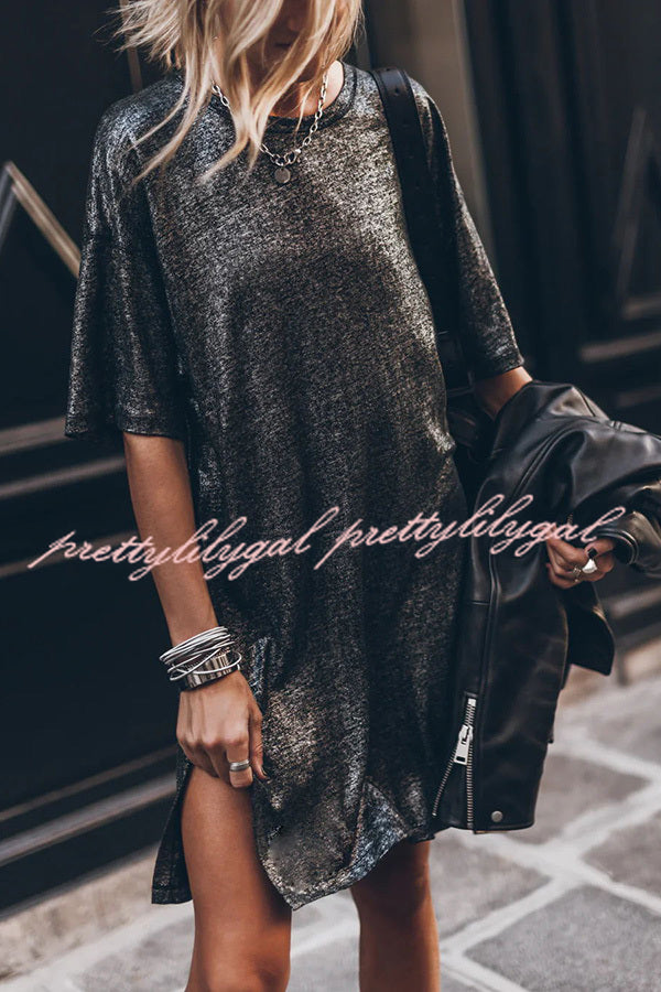 Dark Sparkly Relaxed Slit T-Shirt Mini Dress for Women | Party, Club & Night Out Outfits