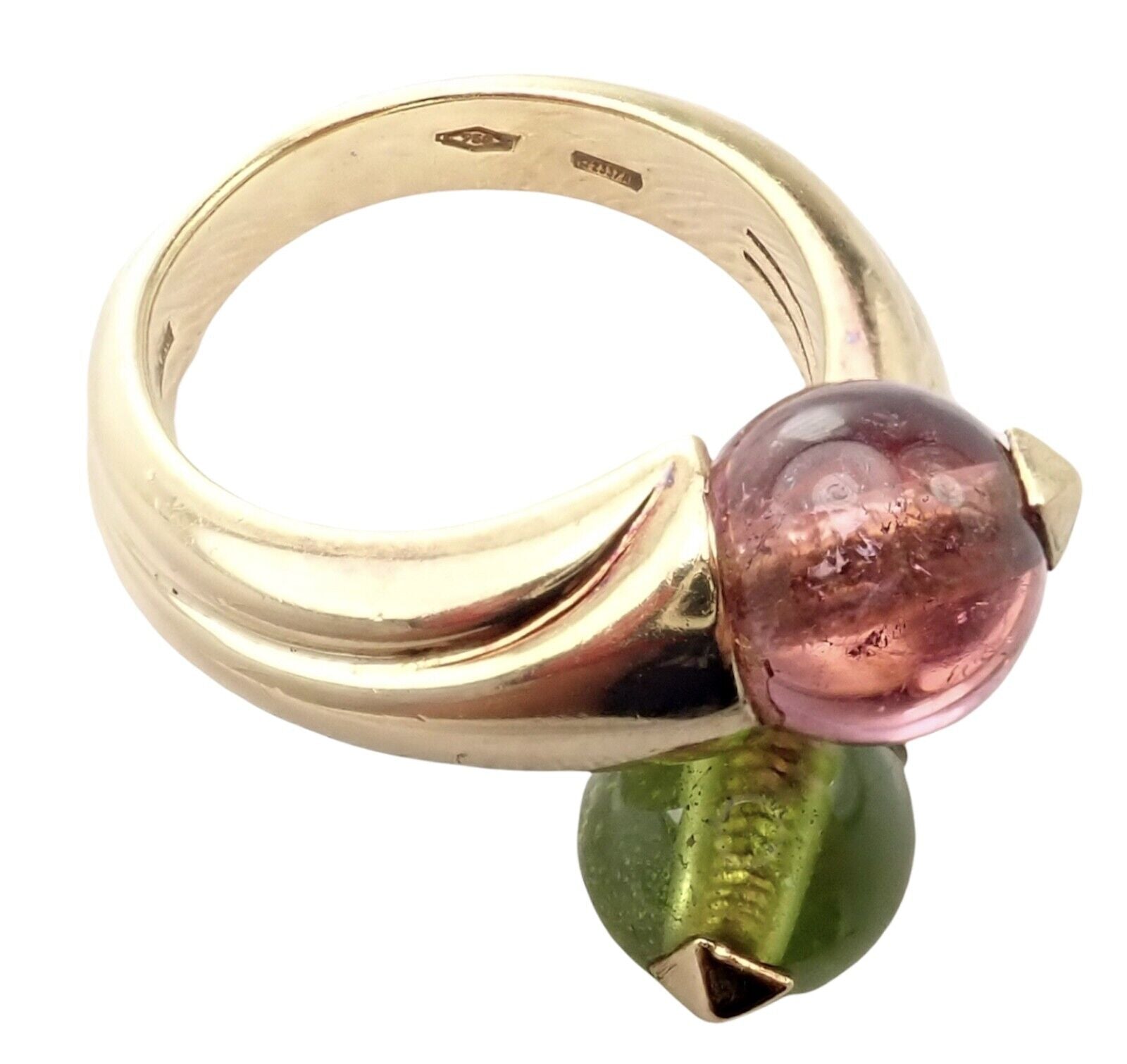 Vintage Bulgari Bvlgari 18k Yellow Gold Pink & Green Tourmaline Bypass Ring - Luxury Jewelry for Women, Elegant Gift for Anniversary & Special Occasions