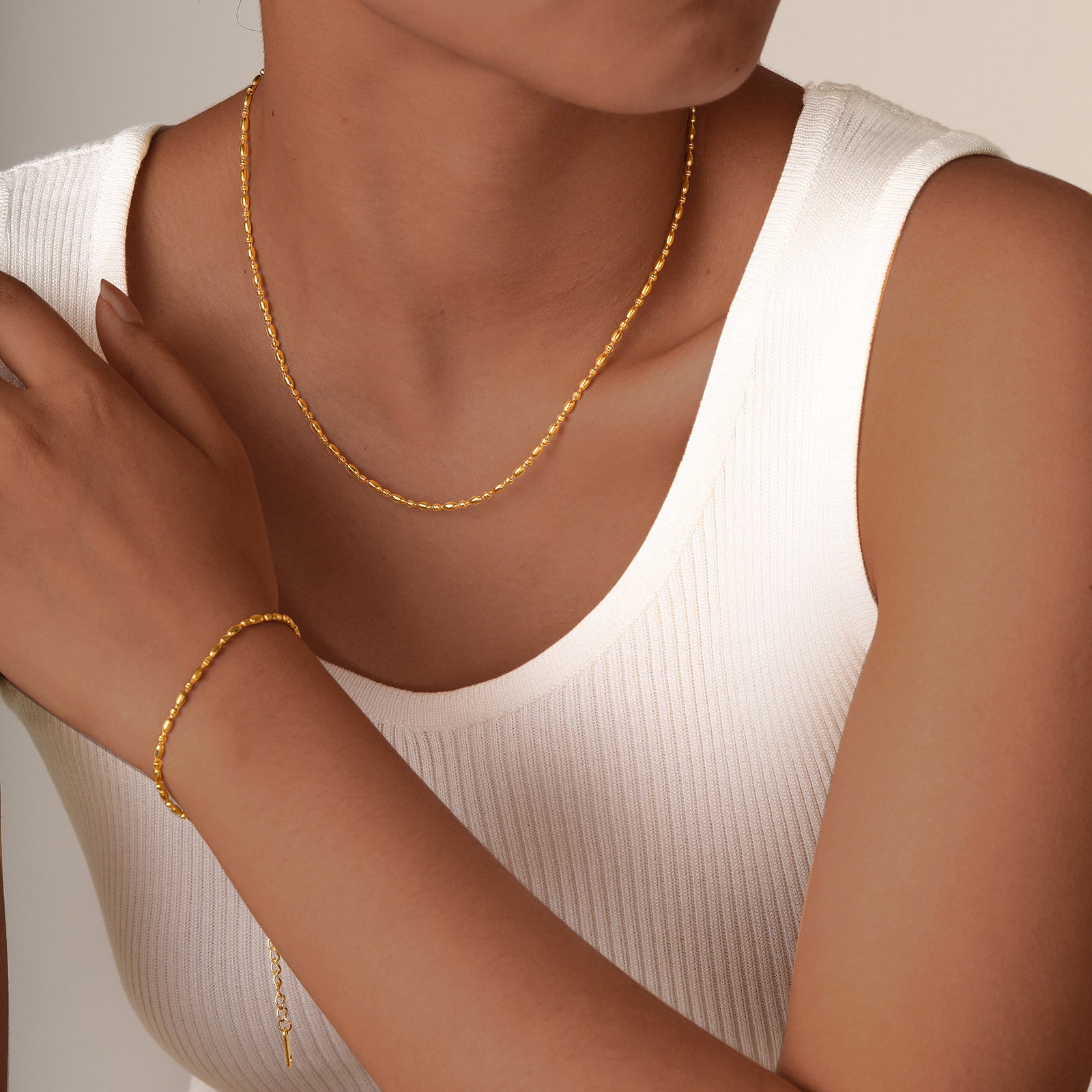 18K Gold Plated Minimalist Rice Beads Necklace & Bracelet Set - Elegant Jewelry Gift for Women | Perfect for Weddings, Parties & Everyday Wear (JDN982)