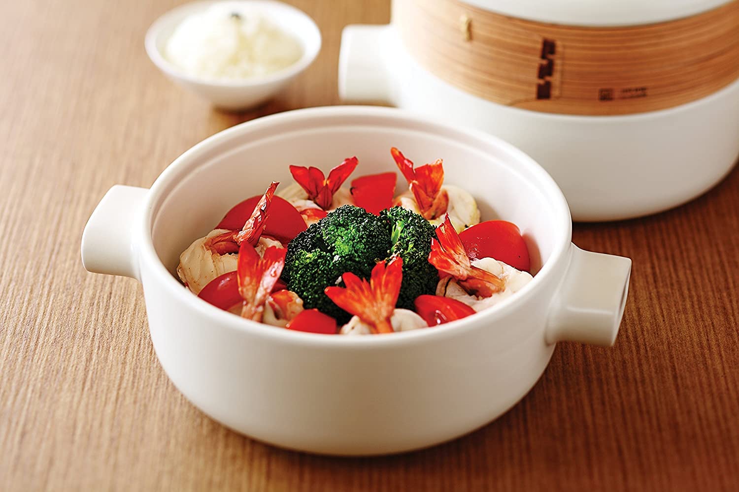 Premium Ceramic Steamer Pot - 7.1 Inch (18 cm) White Small Bamboo Steamer for Healthy Cooking | Perfect for Dumplings, Vegetables & Asian Cuisine