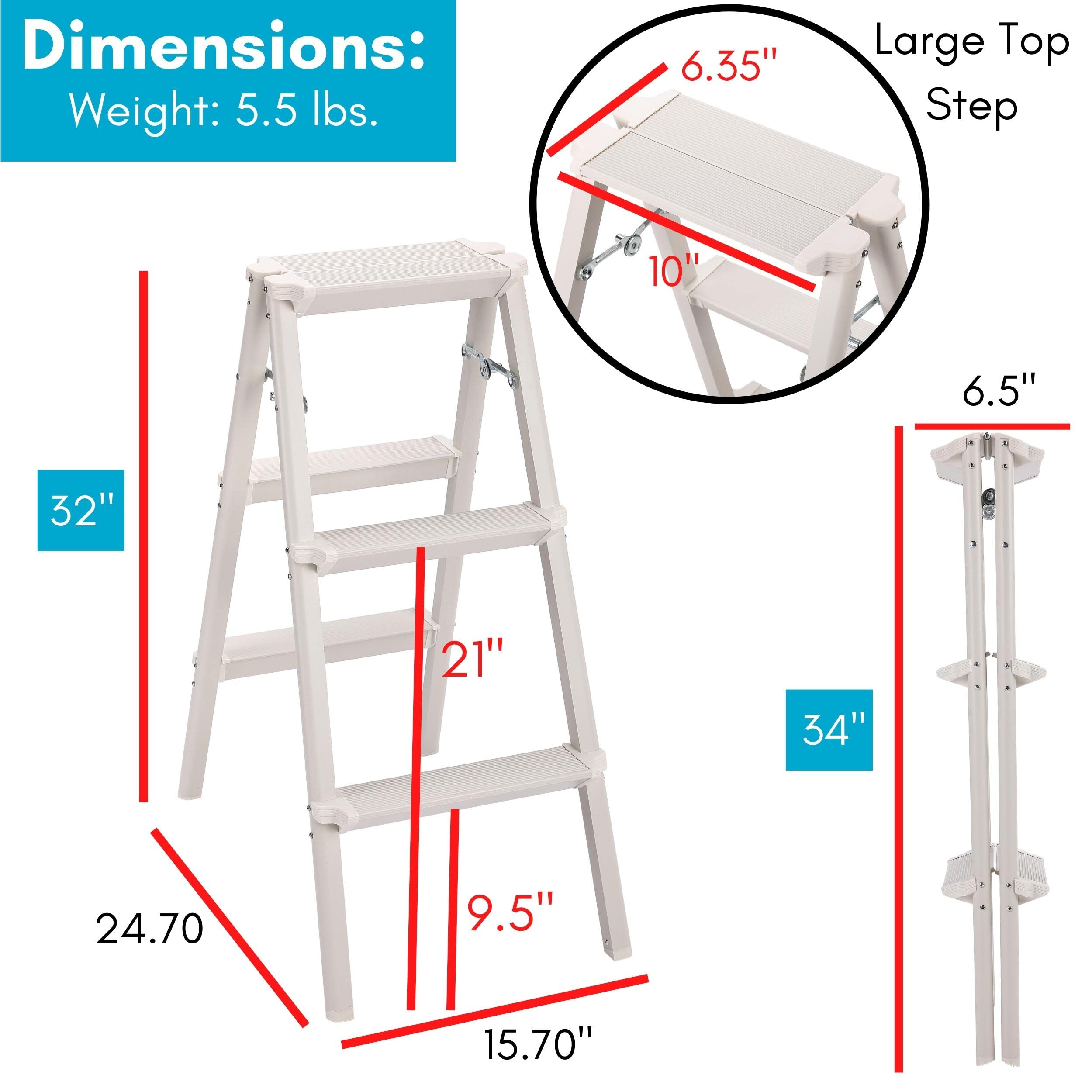 BIRDROCK HOME 3-Step Compact Steel Step Ladder - Lightweight Folding Stool with Anti-Slip Steps - Perfect for Kitchen, Pantry, Closet & Home Office - Indoor Step Stool in Silver (3-Step) - Ideal for Reaching High Shelves, Changing Light Bulbs & Home Organization