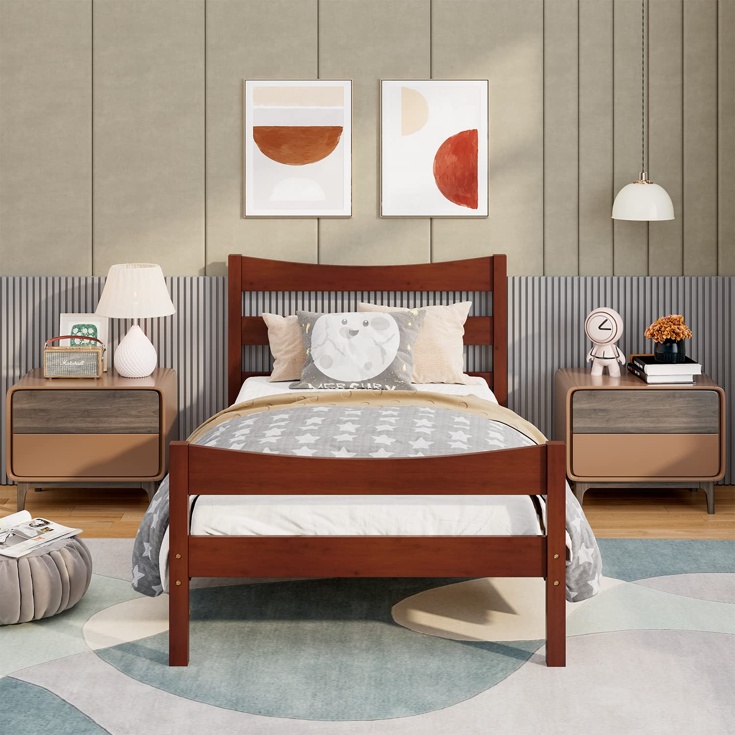 NAFORT Twin Size Wood Bed Frame with Headboard & Footboard - Solid Pine Platform Bed for Kids, No Box Spring Needed - Walnut Finish | Perfect for Boys & Girls Bedrooms, Dorm Rooms & Guest Rooms