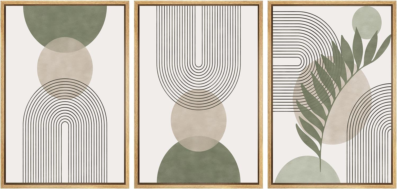 Sage Green Framed Wall Art Set of 3 - Minimalist Boho Decor with Geometric Leaf Sun Moon Design - Abstract Botanical Canvas Prints for Living Room, Bedroom & Office Decor