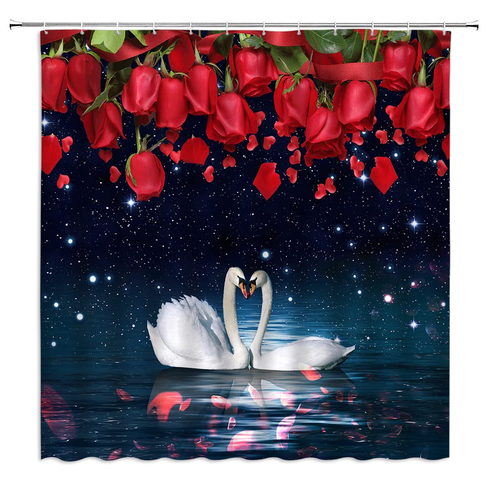 WZFashion Red Rose Shower Curtain - Elegant White Swans on Lake with Rustic Floral Wooden Board Heart Design, Romantic Valentine's Bathroom Decor for Women & Girls (Includes Hooks) - Perfect for Master Bathrooms, Guest Baths & Wedding Gift Ideas