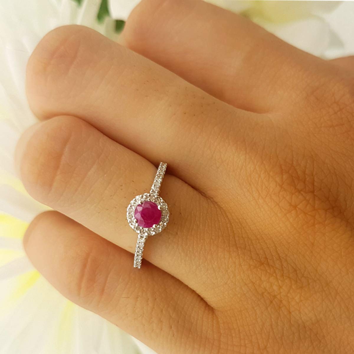 10K White Gold Round Cut White Diamond & Ruby Halo Engagement Ring for Women | Dazzlingrock Collection | Perfect for Bridal, Wedding, Proposal & Anniversary Gifts