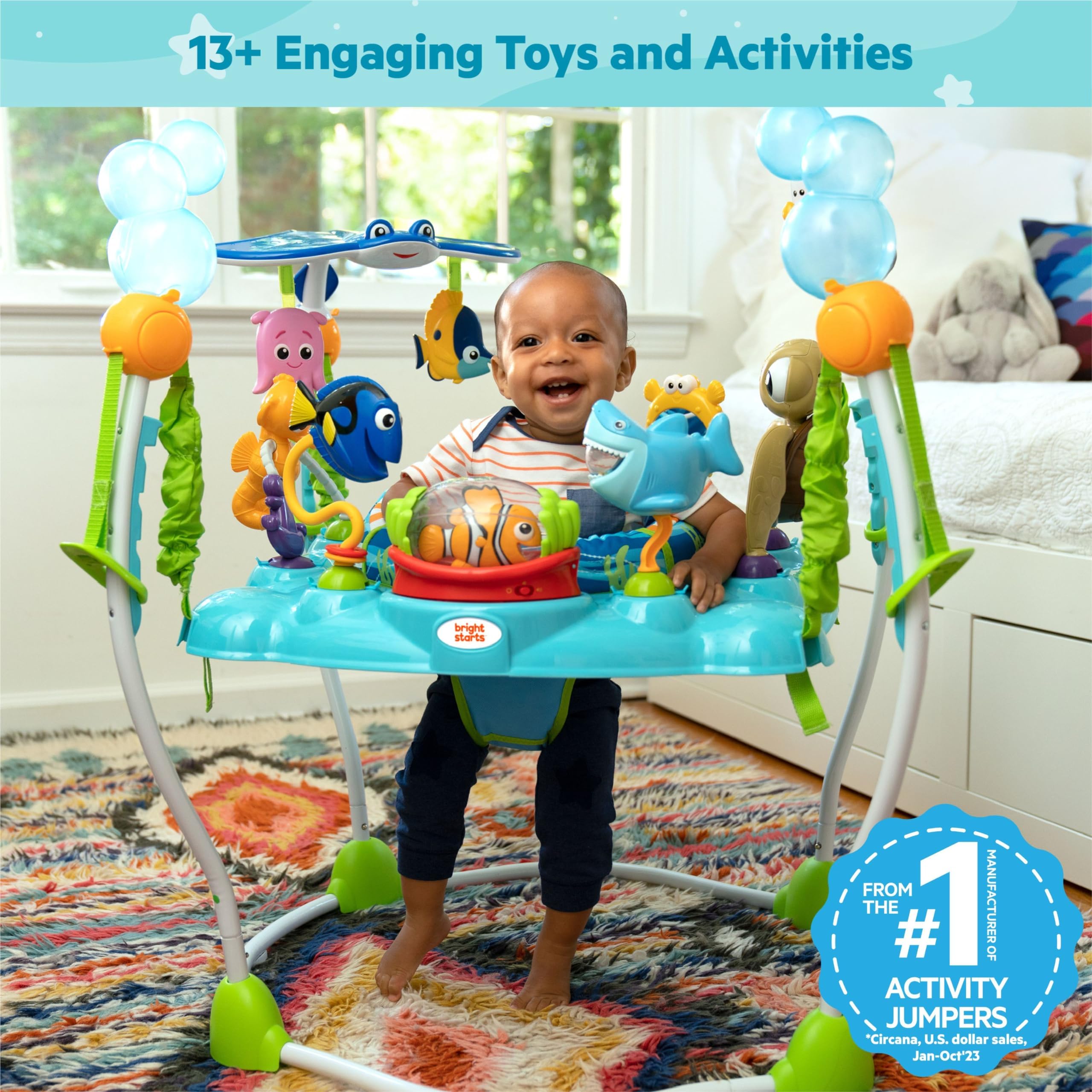 Bright Starts Disney Baby Finding Nemo Sea of Activities Jumper - Interactive Baby Activity Center with Lights, Music & Sounds for Infants 6-12 Months (Blue) - Perfect for Playtime, Learning & Motor Skill Development