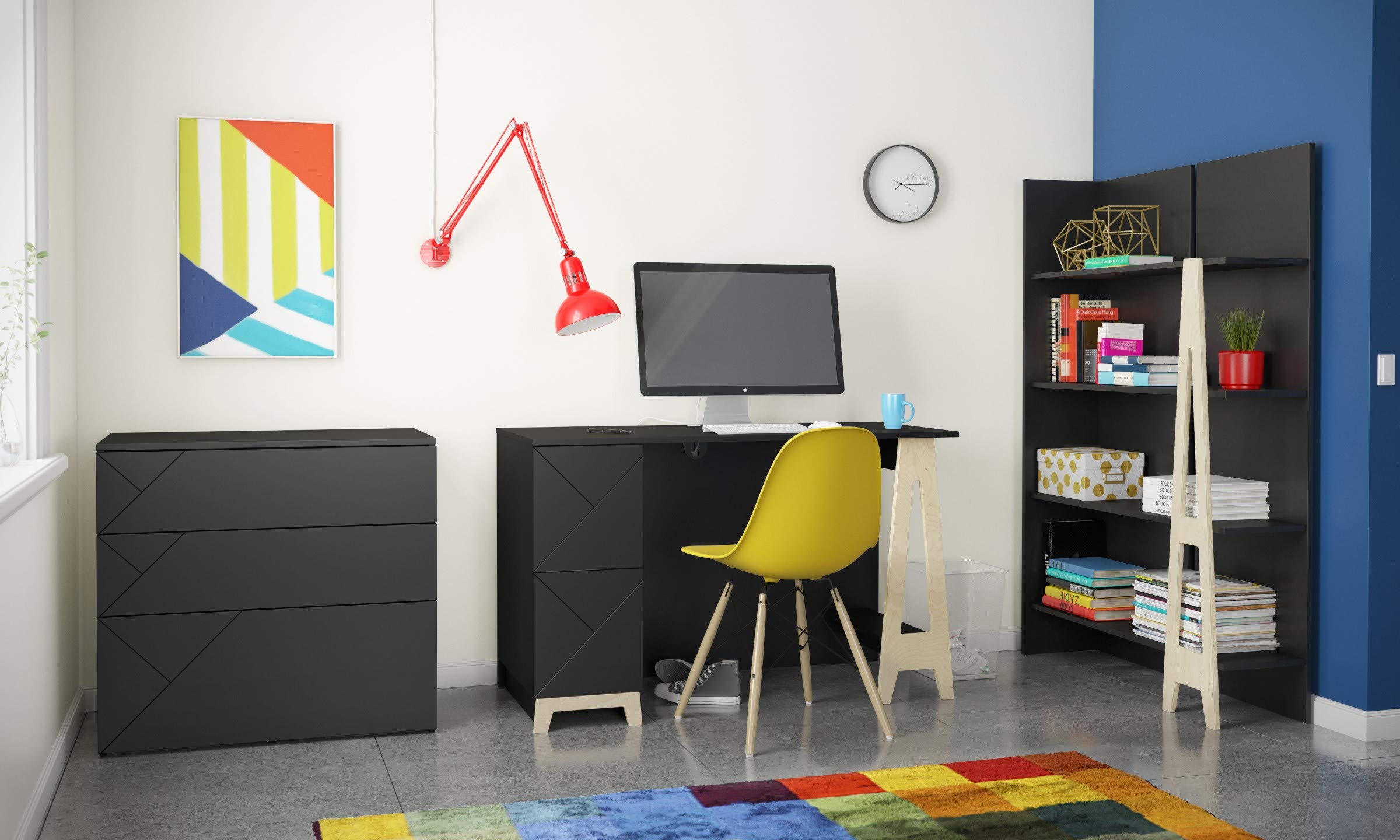 Nexera 608506 Modern Atypik Bookcase - Black & Birch Plywood Bookshelf for Home Office, Living Room, and Bedroom Storage