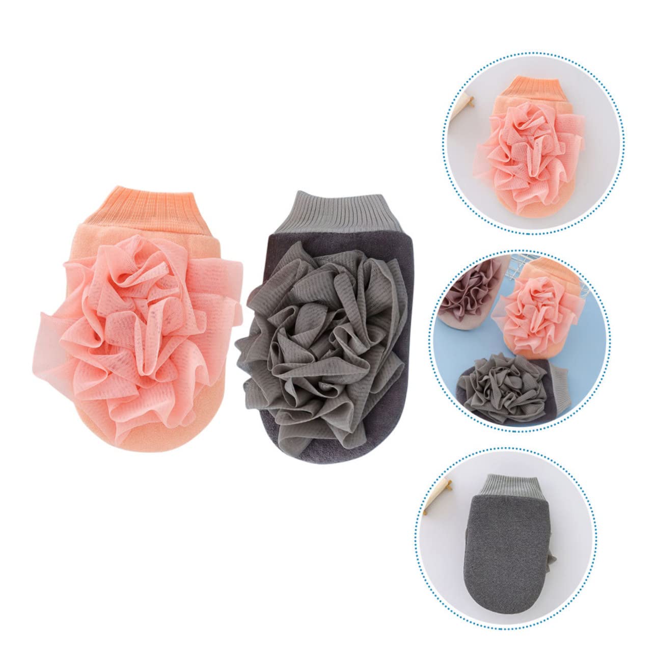 Beautifufu Exfoliating Bath Gloves for Men - 2 Pack Flower Scrub Mitts, Body Wash Gloves for Deep Cleansing & Skin Care - Grey & Pink Shower Accessories - Perfect for Spa, Massage & Daily Exfoliation