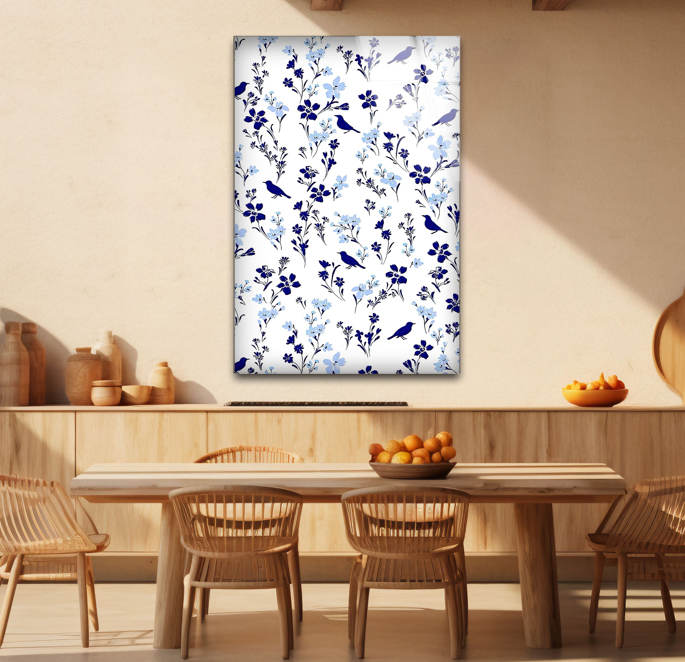 Blue Bird and Wildflower Wall Art Print - Elegant Floral Glass Decor for Nature Lovers | Perfect for Living Room, Bedroom & Office Decor