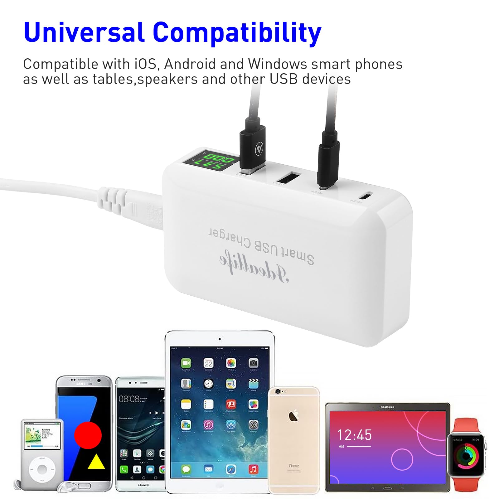 ideallife 70W 12A 4-Port USB Charging Station - Super Fast 20W PD & QC3.0 USB C Hub with LCD Display for iPhone 14/13/12, iPad Pro/Air, Samsung Galaxy S23/S22, Huawei P50 - Perfect for Home, Office, Travel & Multi-Device Charging