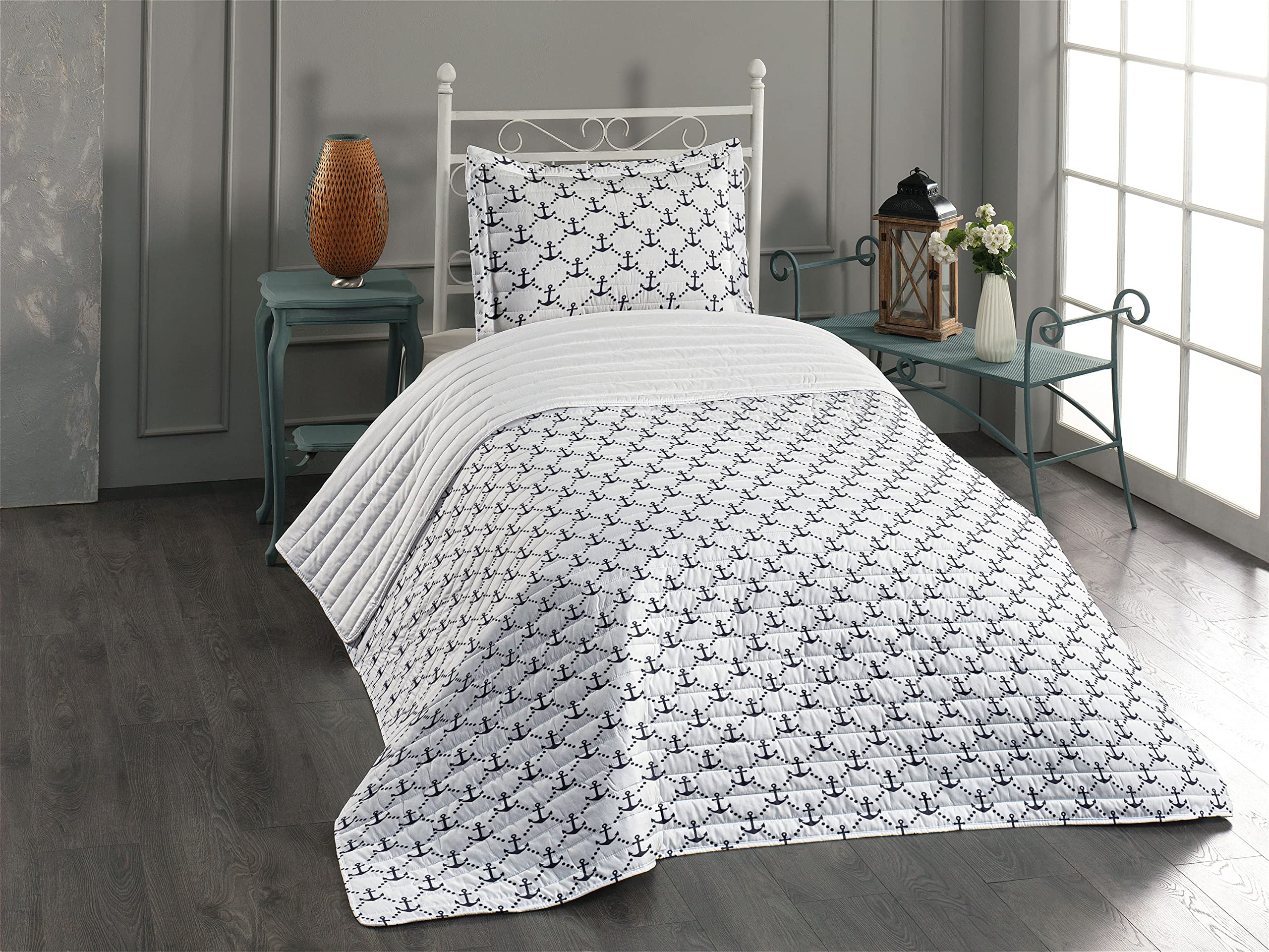 Lunarable Anchor Microfiber Bedspread Set - Nautical Ocean Theme with Dotted Tile Design, Soft Twin Size Bedding Includes Comforter & Pillow Sham (Dark Blue/White) - Perfect for Cruise Ships, Yacht Cabins & Coastal Bedroom Decor