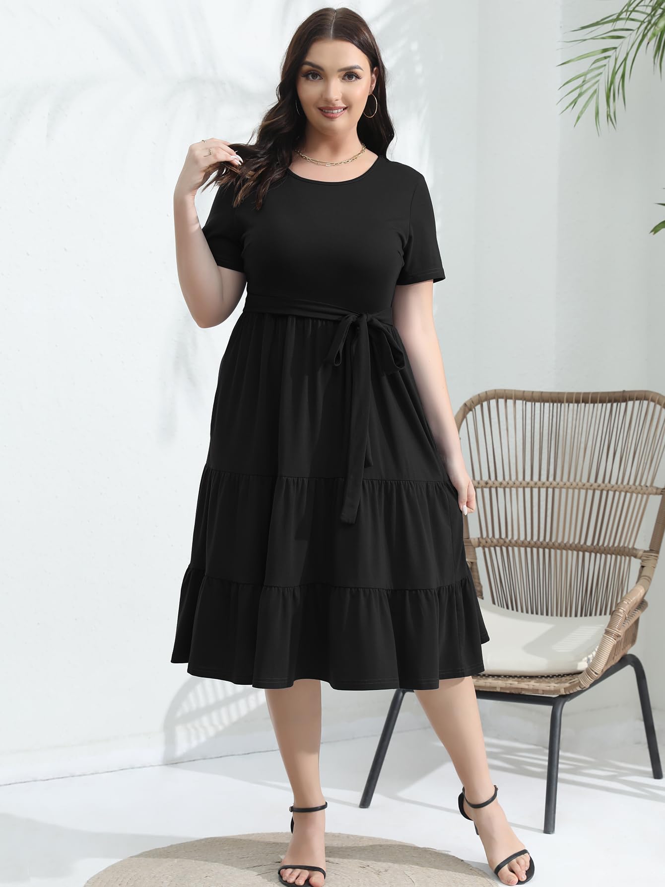 Elegant Plus Size Floral Midi Dress for Women 2025 - Tiered Flowy Belted Modest Wedding Guest Dress with Pockets | Perfect for Weddings, Parties & Special Occasions