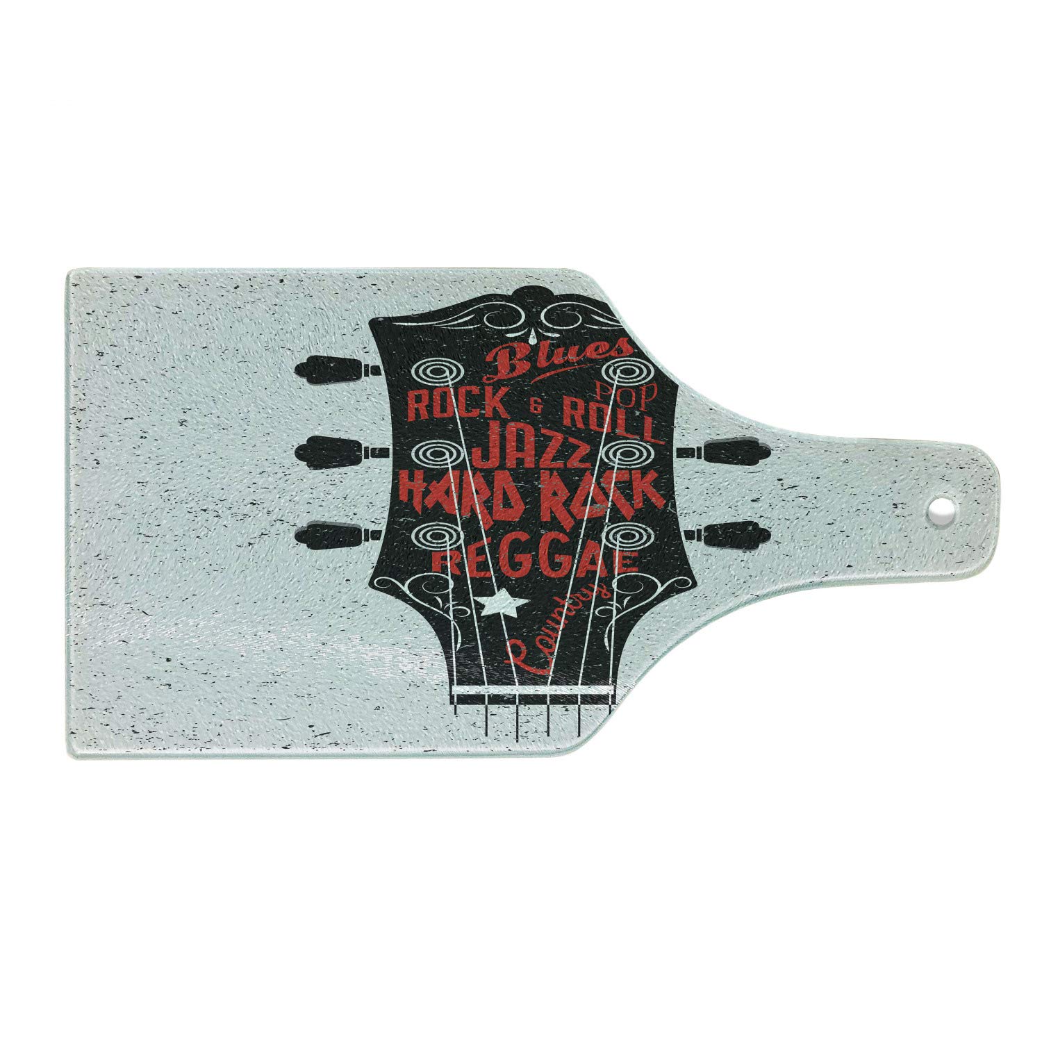 Ambesonne Guitar-Shaped Tempered Glass Cutting Board - Hand-Drawn Music Genre Designs (Blues, Pop, Rock, Reggae, Country) - Decorative Serving Board for Kitchen & Entertaining - Perfect for Wine Bottle Display & Party Serving - Vermilion, Black & White Artwork