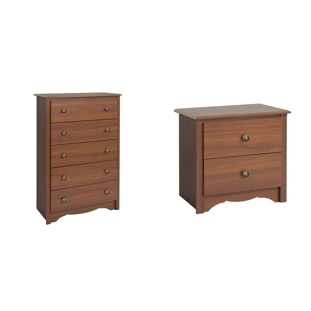 Prepac Monterey 5-Drawer Dresser & 2-Drawer Nightstand Set - Solid Wood Cherry Finish Bedroom Furniture for Storage & Organization - Perfect for Master Bedroom, Guest Room or Dorm Decor